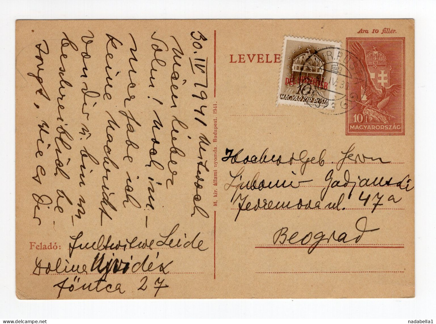 30.04.1941. WWII HUNGARY,STATIONERY CARD SENT TO BELGRADE,SERBIA,GERMAN OCCUPATION - Entiers Postaux