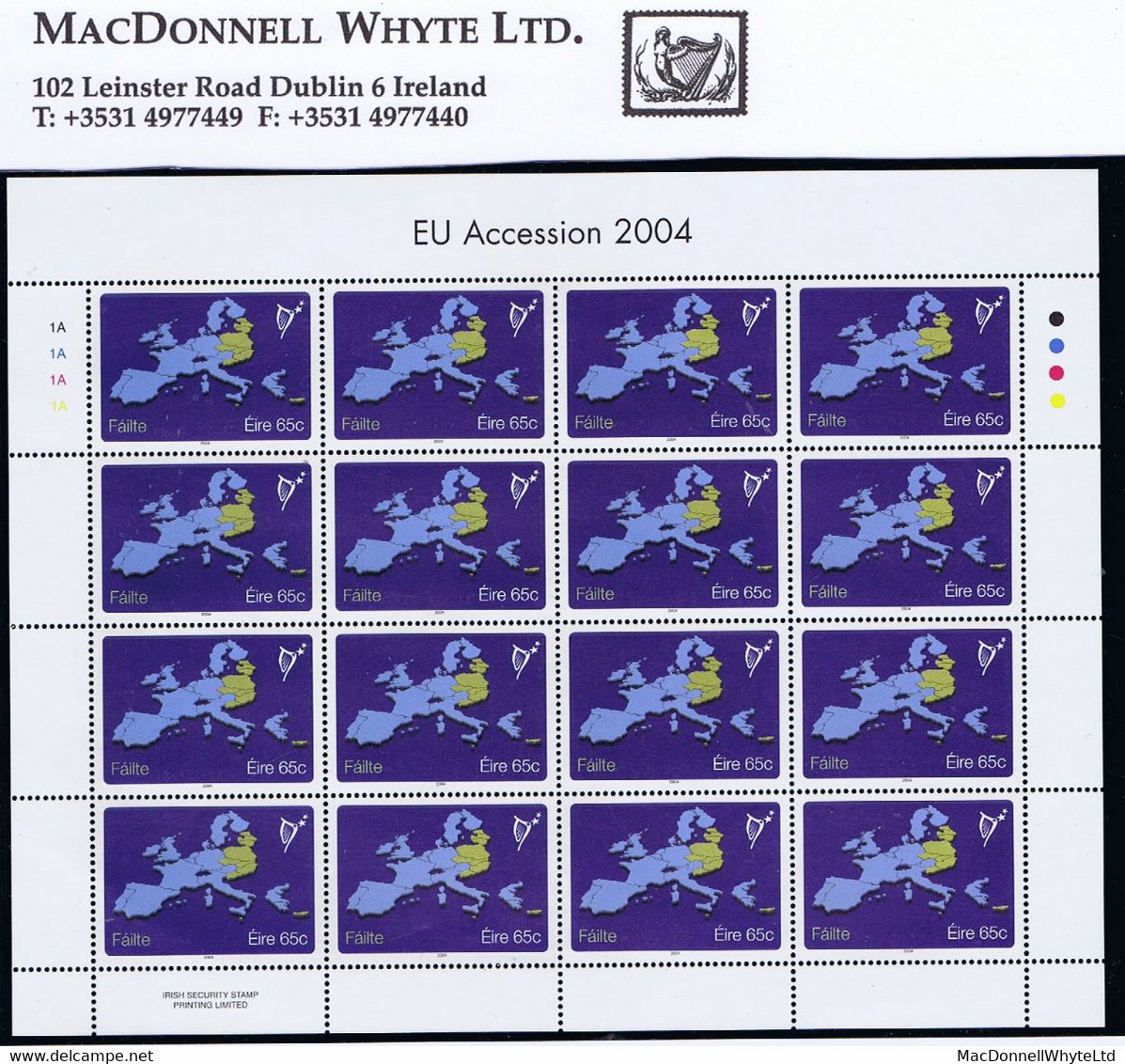 Ireland Cyprus Missing Error Of Design 2004 EU Accession States 65c Sheetlet Of 16 Mint Unmounted Never Hinged - Unused Stamps