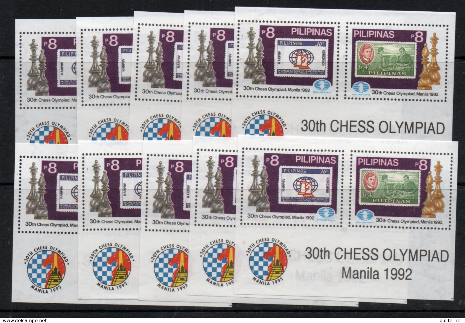 PHILIPPINES- 1992 - MANILLA CHESS OLYMPIAD SET OF 2 + S/SHEETS X 10  MINT NEVER HINGED , SG CAT £97 - Philippines