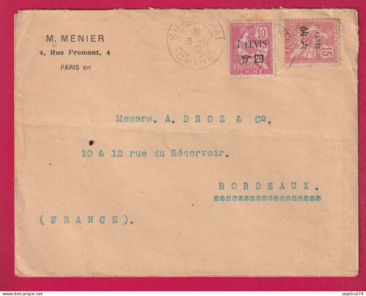 CHINE CHINA SHANG HAI 1912 TYPE MOUCHON POUR BORDEAUX LETTRE - Briefe U. Dokumente