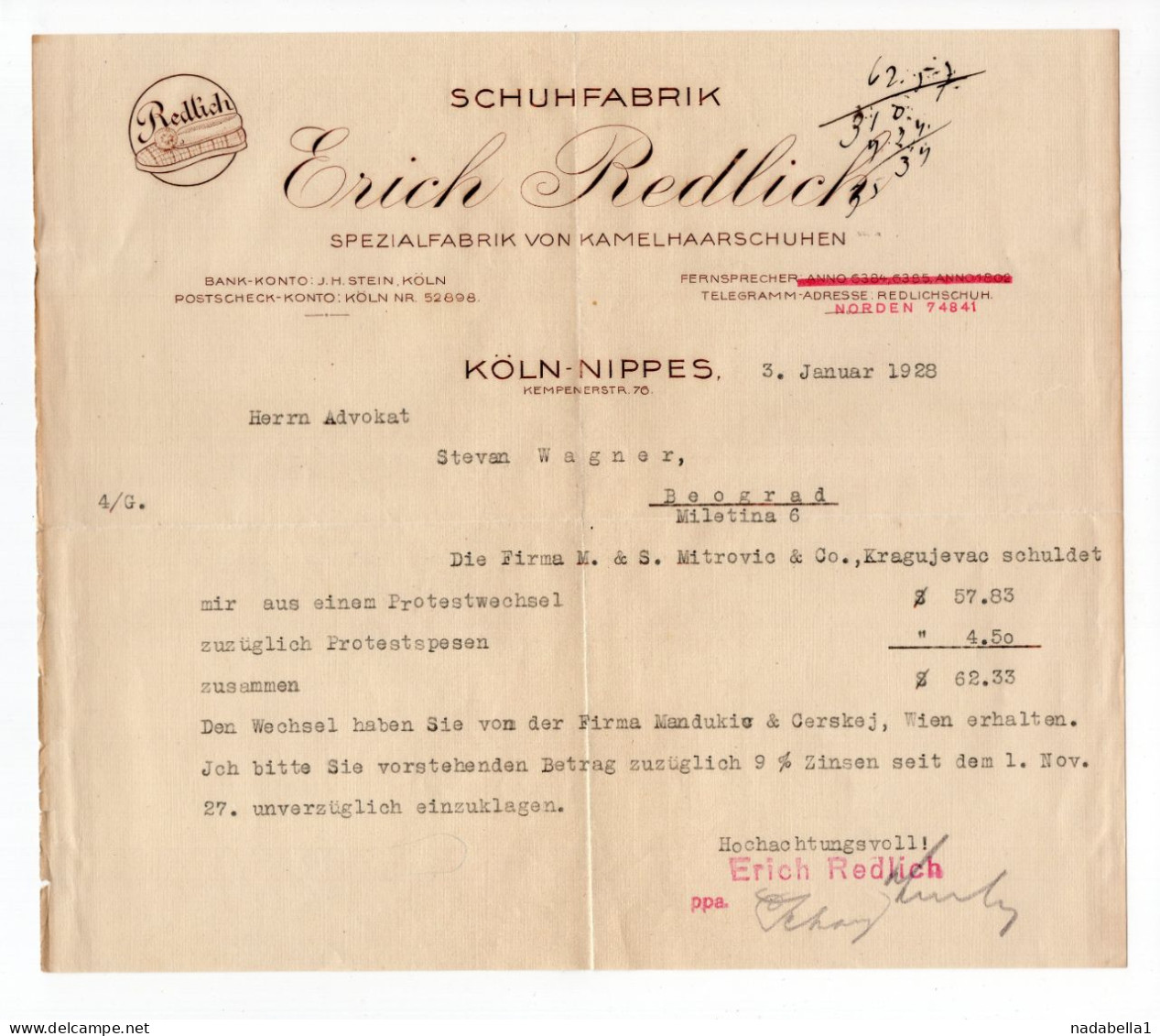 1928. GERMANY,KOLN,ERICH REDLICH,SHOE FABRIC,LETTERHEAD,INVOICE TO BELGRADE,SERBIA - Textile & Clothing