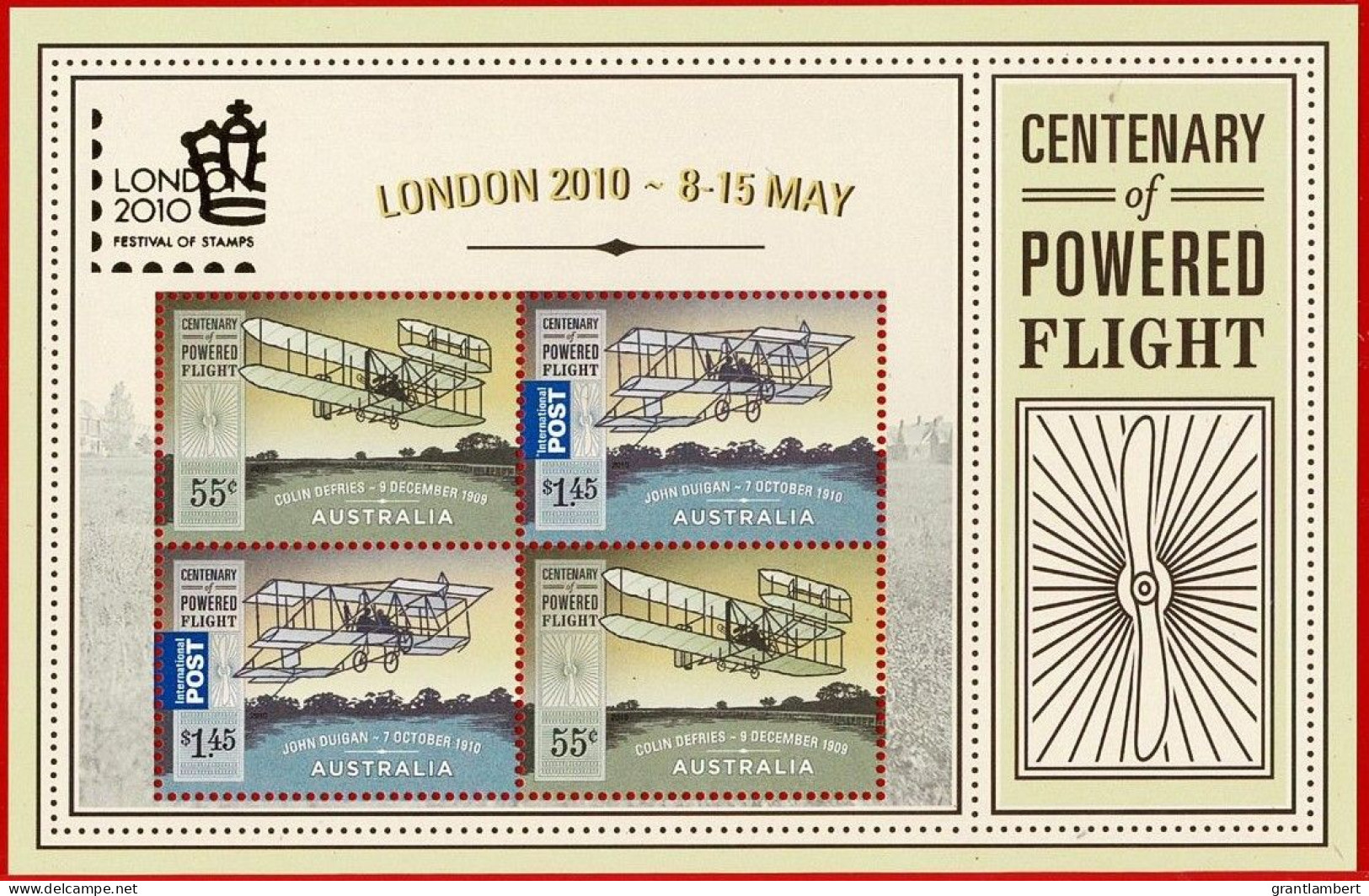 Australia 2010 Centenary Of Powered Flight  Minisheet Overprinted LONDON 2010 MNH - Nuevos