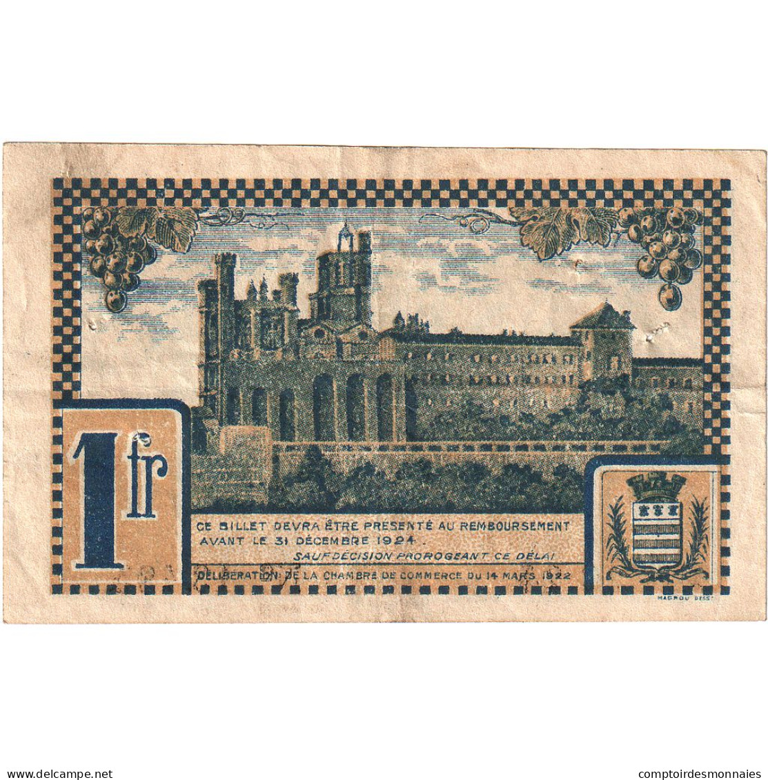 France, 1 Franc, 1922-03-14, 2N 26.24, Chambre De Commerce De Béziers, TB+ - Cámara De Comercio