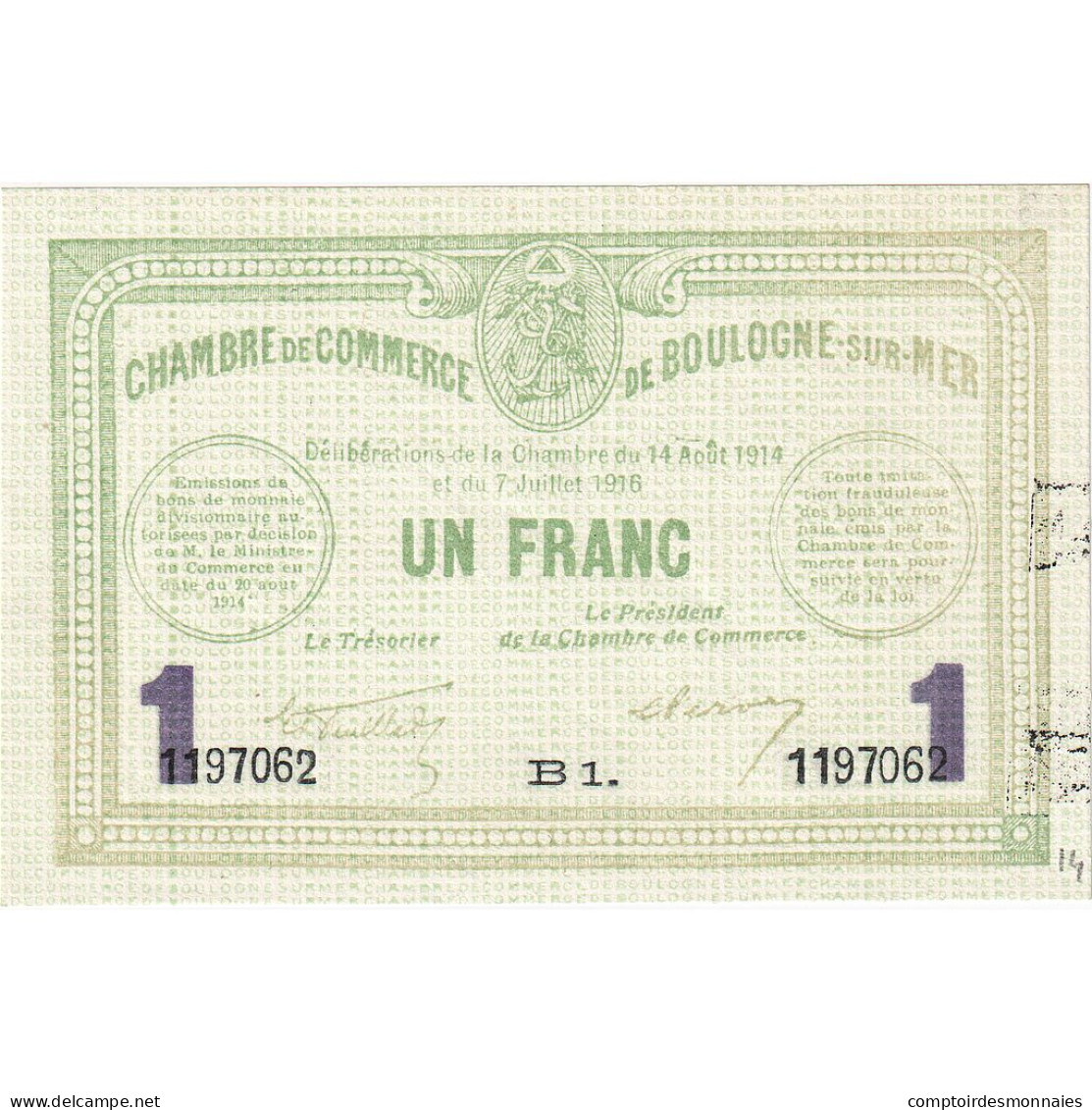 France, Boulogne-sur-Mer, 1 Franc, 1916, SUP, Pirot:31-19 - Chambre De Commerce
