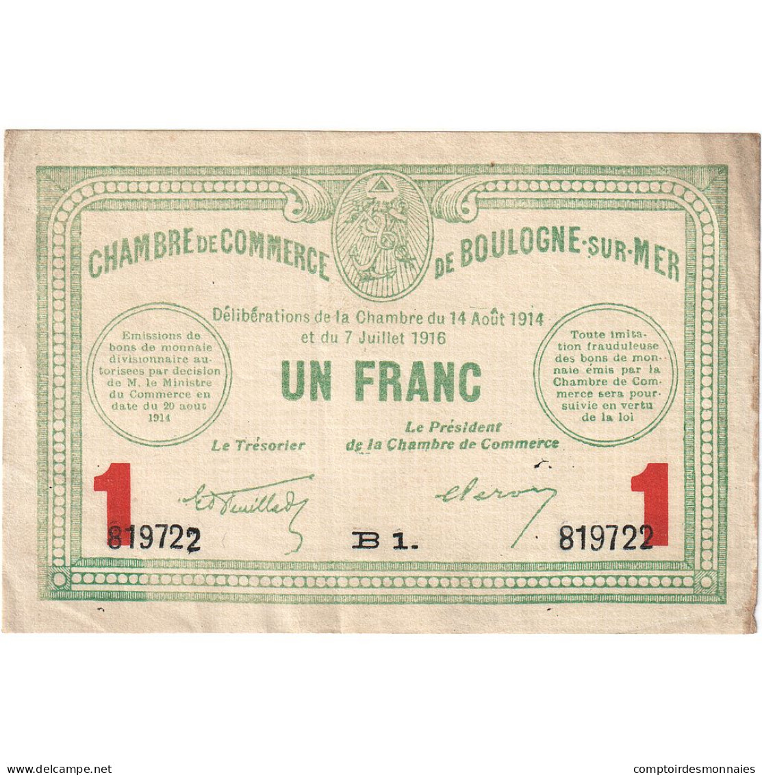 France, Boulogne-sur-Mer, 1 Franc, 1914, TTB, Pirot:031.12 - Cámara De Comercio