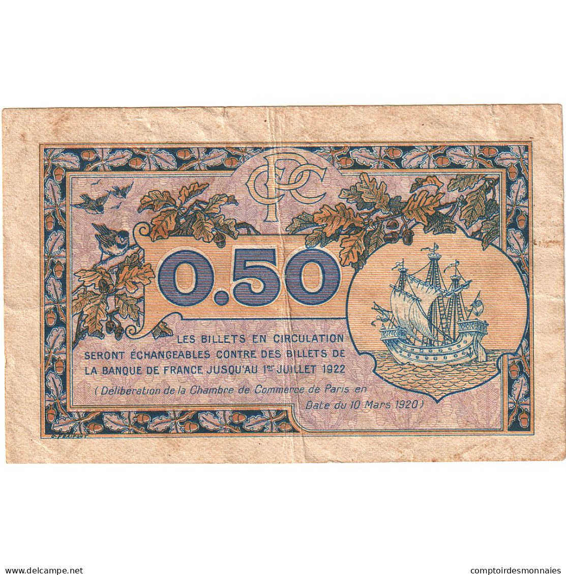 France, 50 Centimes, PIROT 97.31, 1922, A.10, PARIS, TTB - Cámara De Comercio