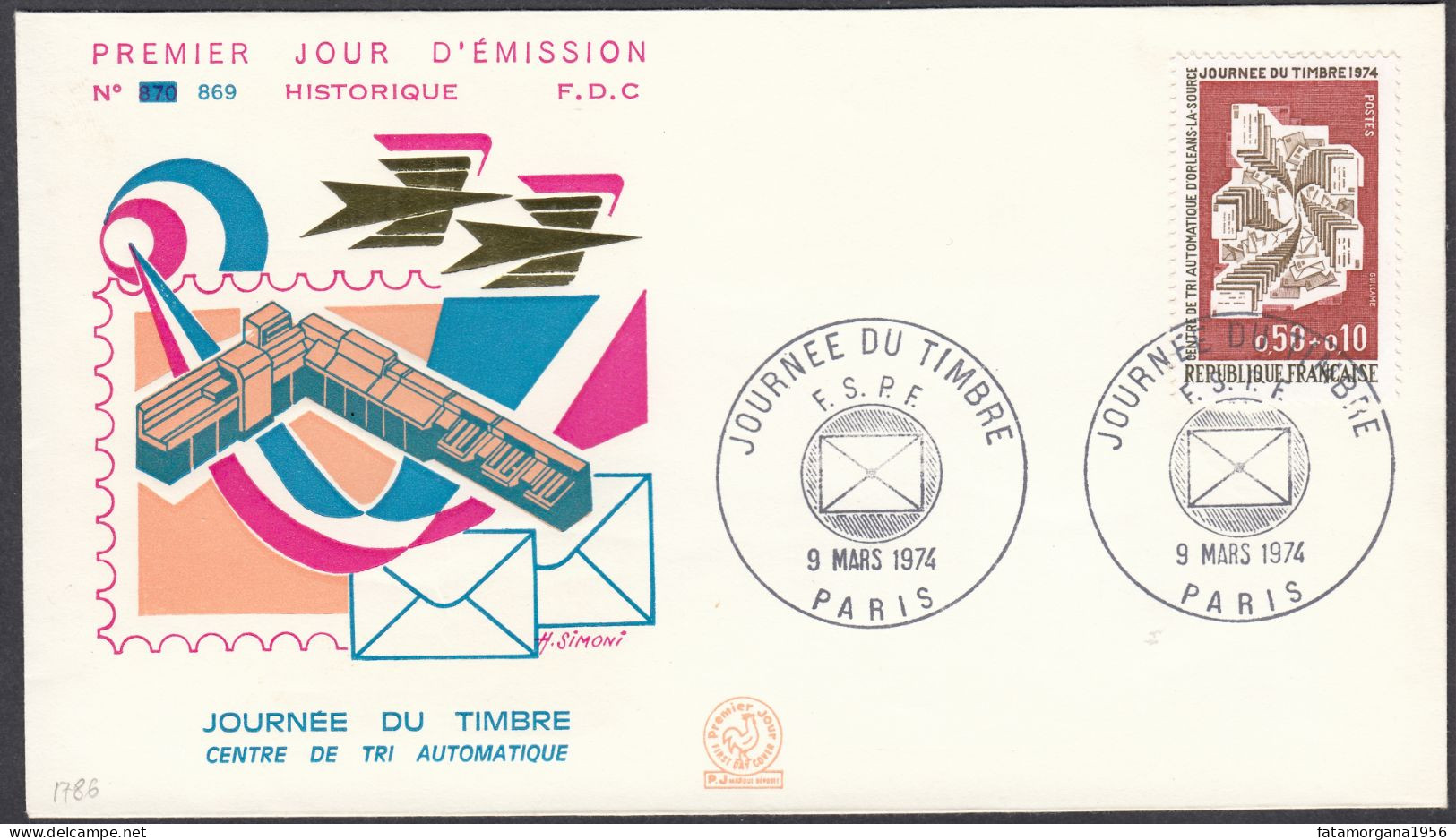 FRANCE - 1974 - Busta Commemorativa FDC, Affrancata Con Yvert 1786, Come Da Immagine. - Giornata Del Francobollo