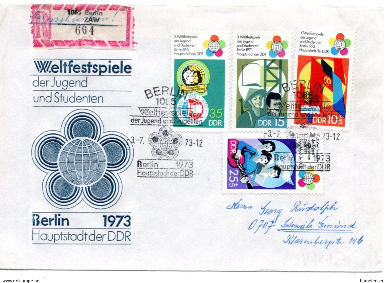 63176 - DDR - 1973 - Weltfestspiele Satz A FDC & R-FDC SoStpl BERLIN -> Westdeutschland - Briefe U. Dokumente