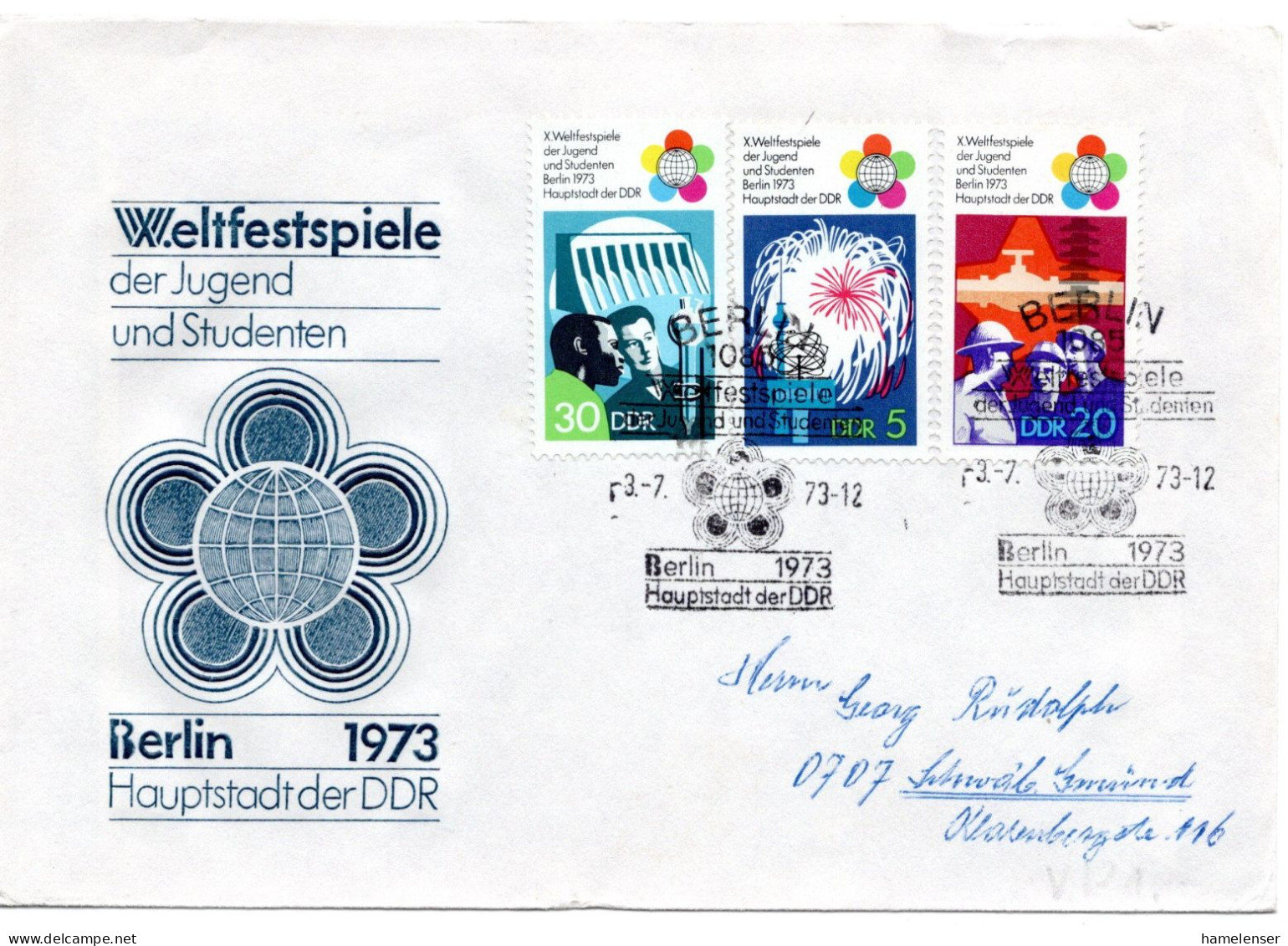 63176 - DDR - 1973 - Weltfestspiele Satz A FDC & R-FDC SoStpl BERLIN -> Westdeutschland - Briefe U. Dokumente