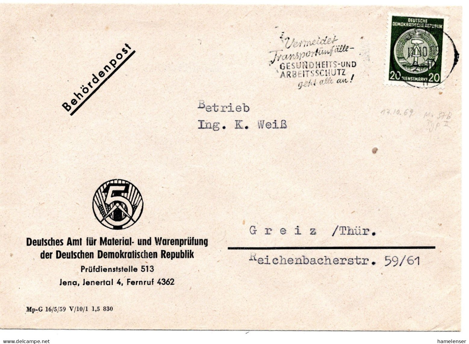 63177 - DDR / Dienst - 1955 - 20Pfg Zirkel Rechts EF A Bf JENA - VERMEIDET TRANSPORTUNFAELLE ... -> Greiz - Accidents & Road Safety