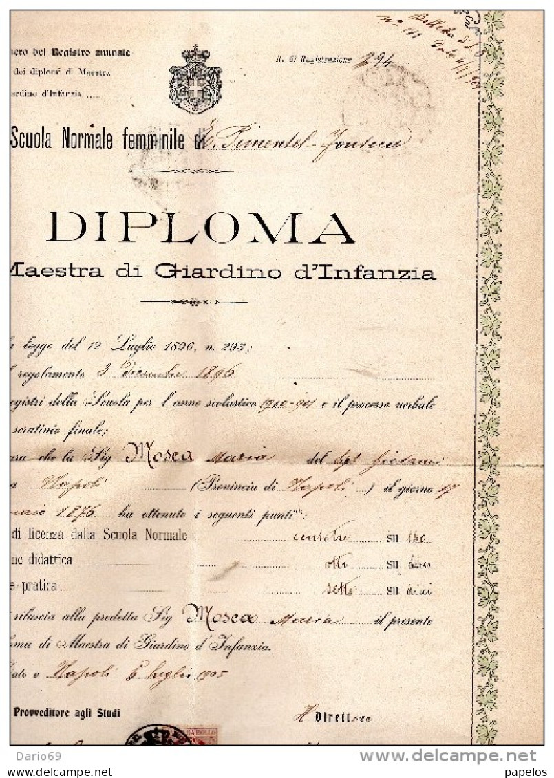 1905 GRANDE  DIPLOMA MAESTRA DI GIARDINO D'INFANZIA - Diplomi E Pagelle