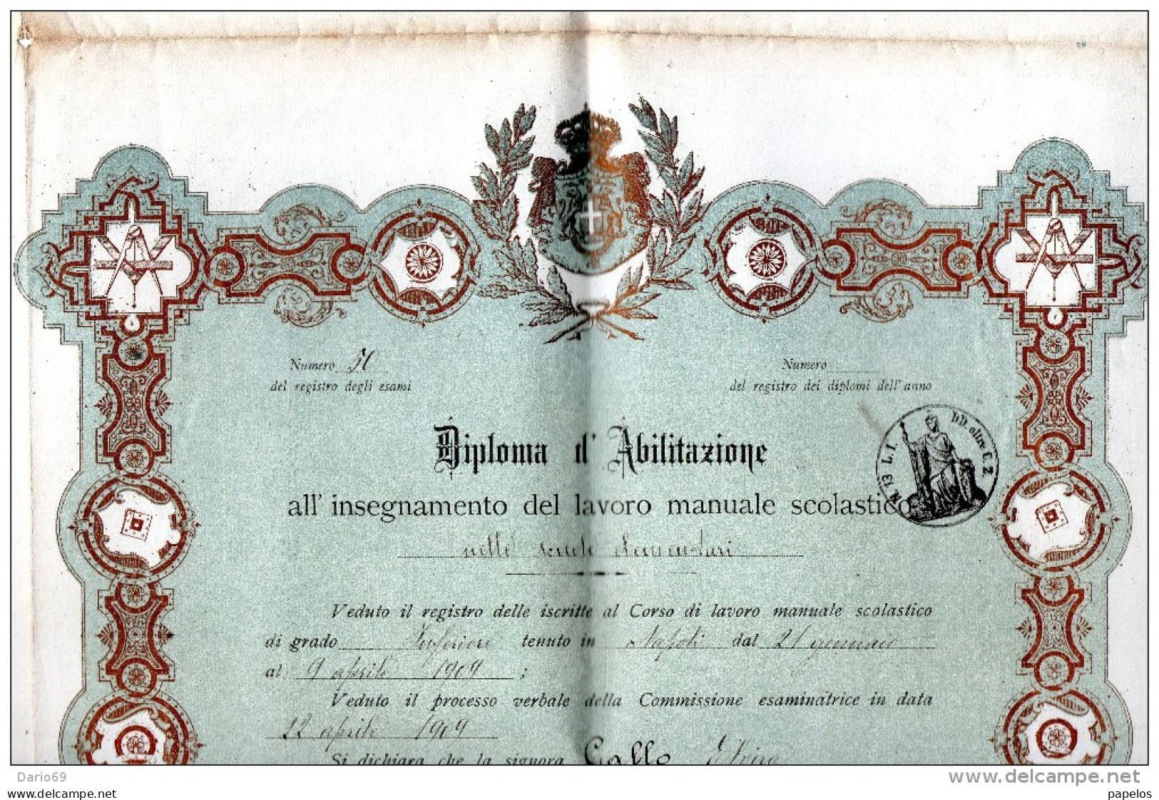 1909  GRANDE DIPLOMA DI ABILITAZIONE ALL'INSEGNAMENTO DEL LAVORO MANUALE   SCOLASTICO - Diplomi E Pagelle