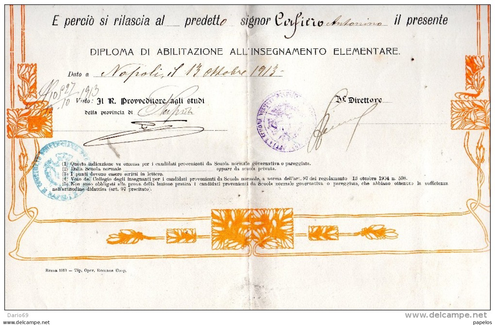 1913 GRANDE  DIPLOMA D'ABILITAZIONE ALL'INSEGNAMENTO ELEMENTARE - Diplomi E Pagelle