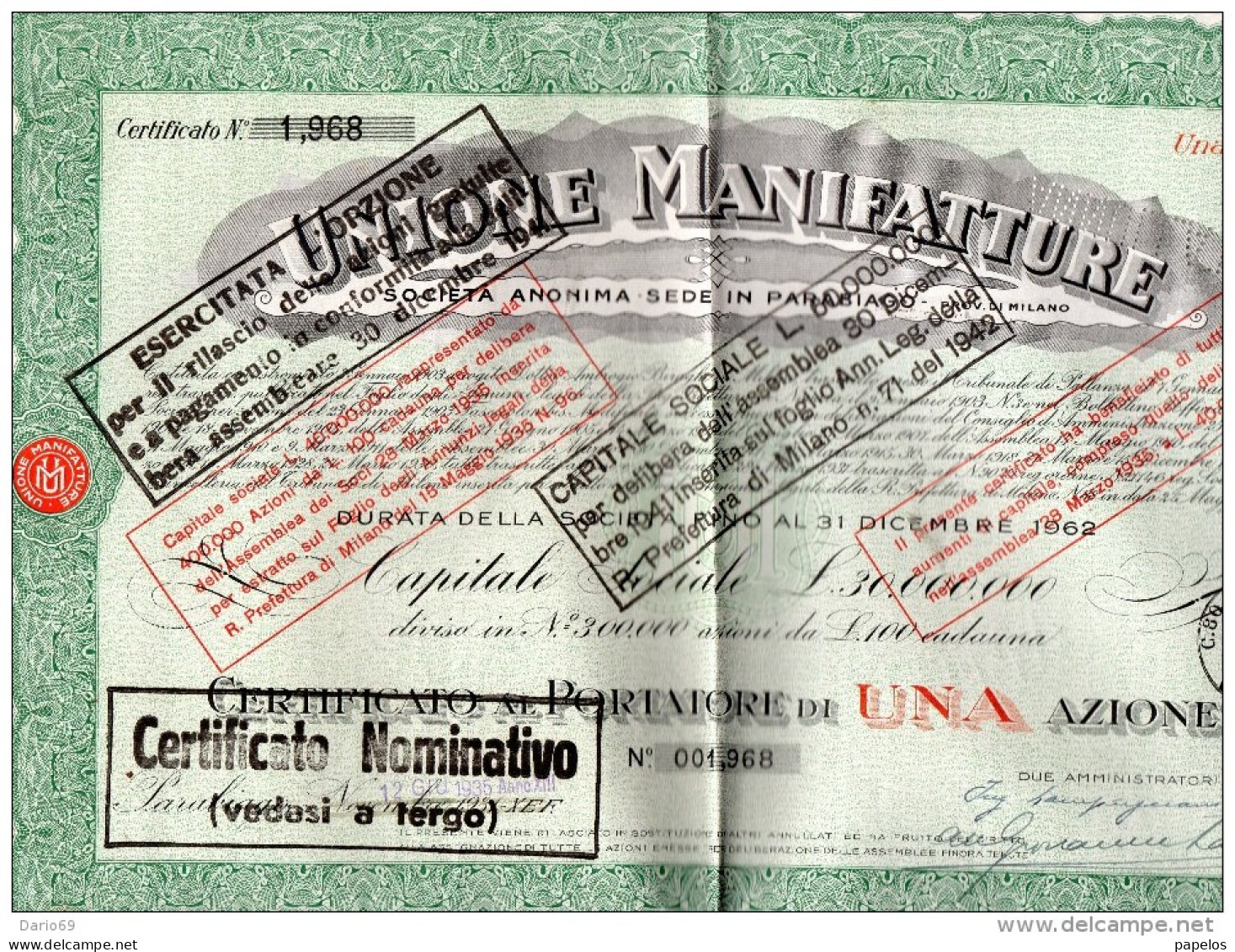 1935 AZIONE UNIONE  MANIFATTURE - Industry
