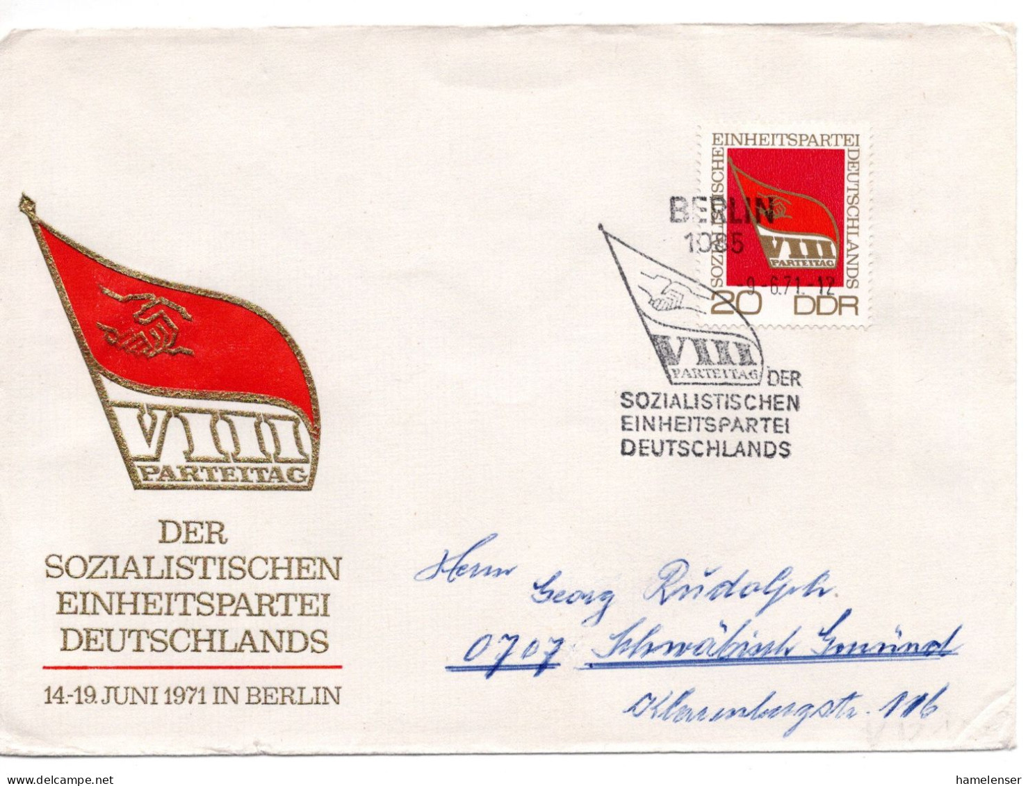 63185 - DDR - 1971 - 20Pfg SED-Parteitag EF A FDC SoStpl BERLIN -> Westdeutschland - Se-Tenant