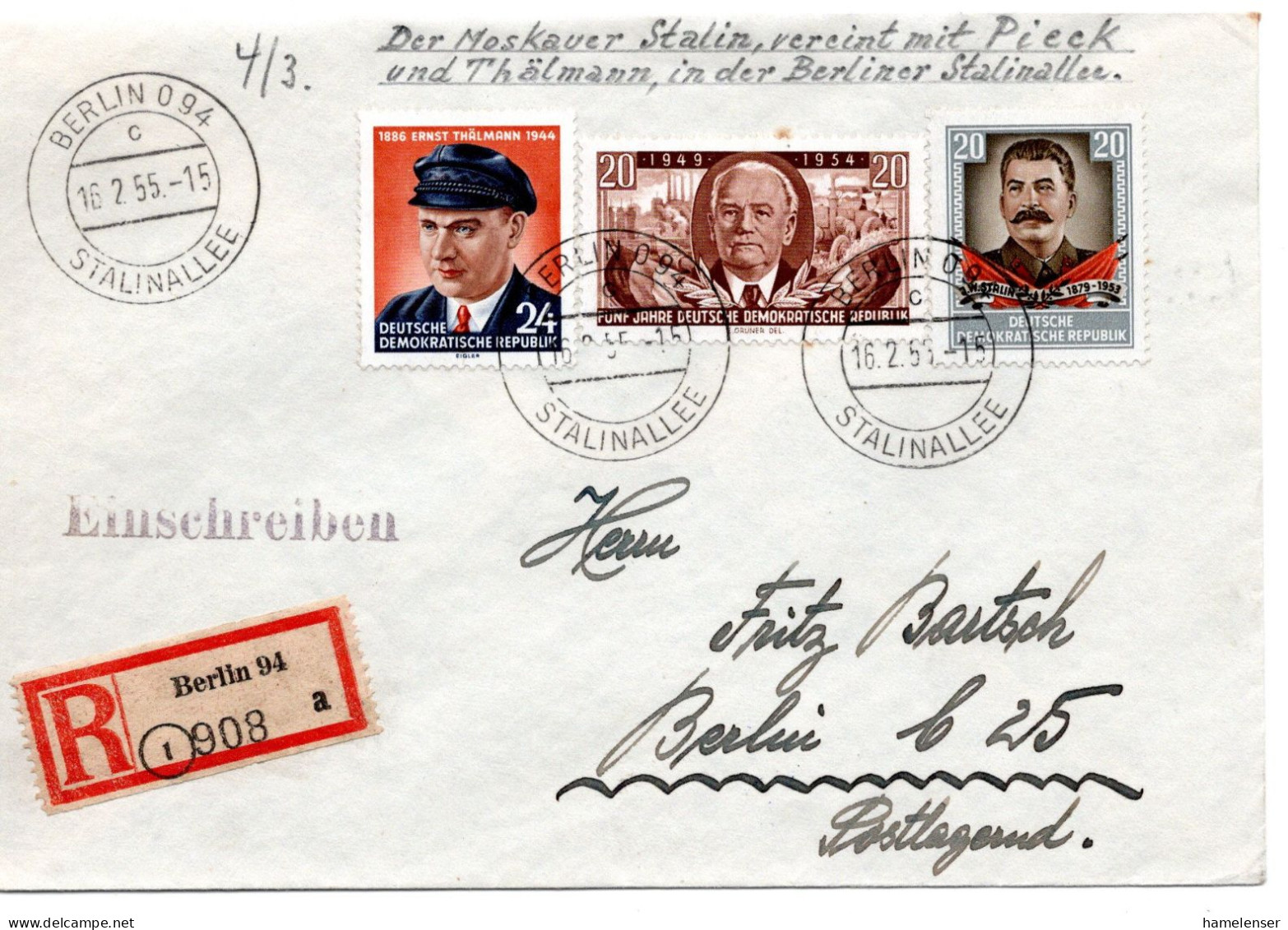 63193 - DDR - 1955 - 20Pfg Stalin MiF A R-OrtsBf BERLIN STALINALLEE - Covers & Documents