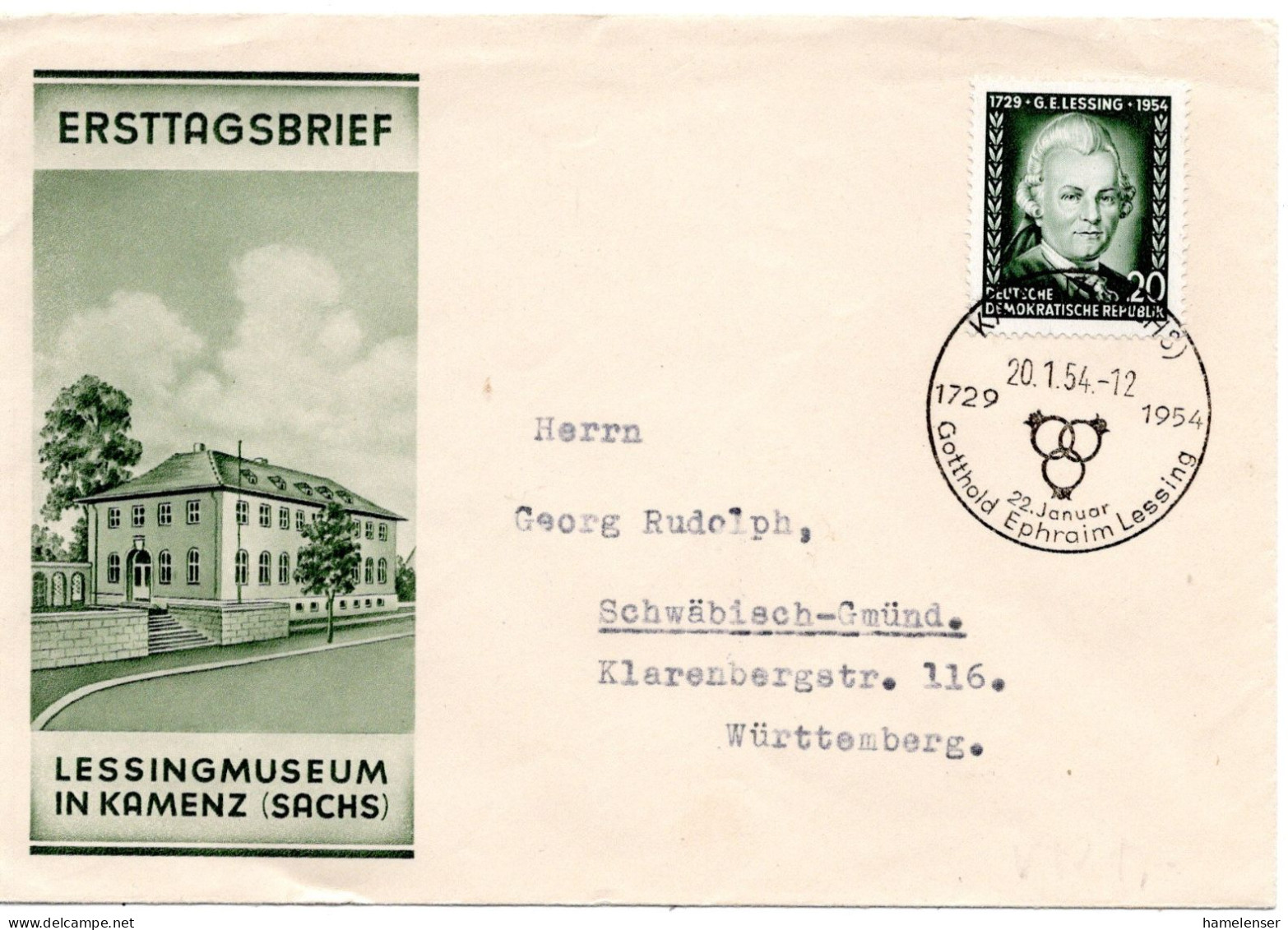 63195 - DDR - 1954 - 20Pfg Lessing EF A FDC SoStpl KAMENZ - ... -> Westdeutschland - Lettres & Documents