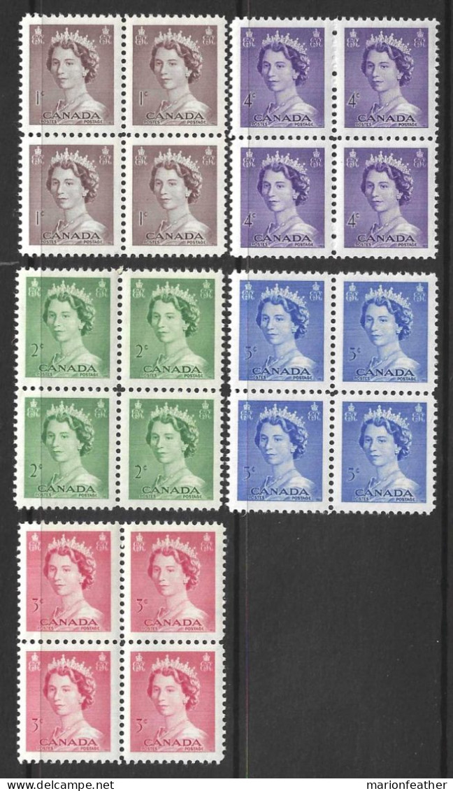 CANADA...QUEEN ELIZABETH II...(1952-22.)...." 1953.."....SET OF 5 X BLOCKS OF 4....EACH 2 X MNH ......2 X MH... - Hojas Bloque