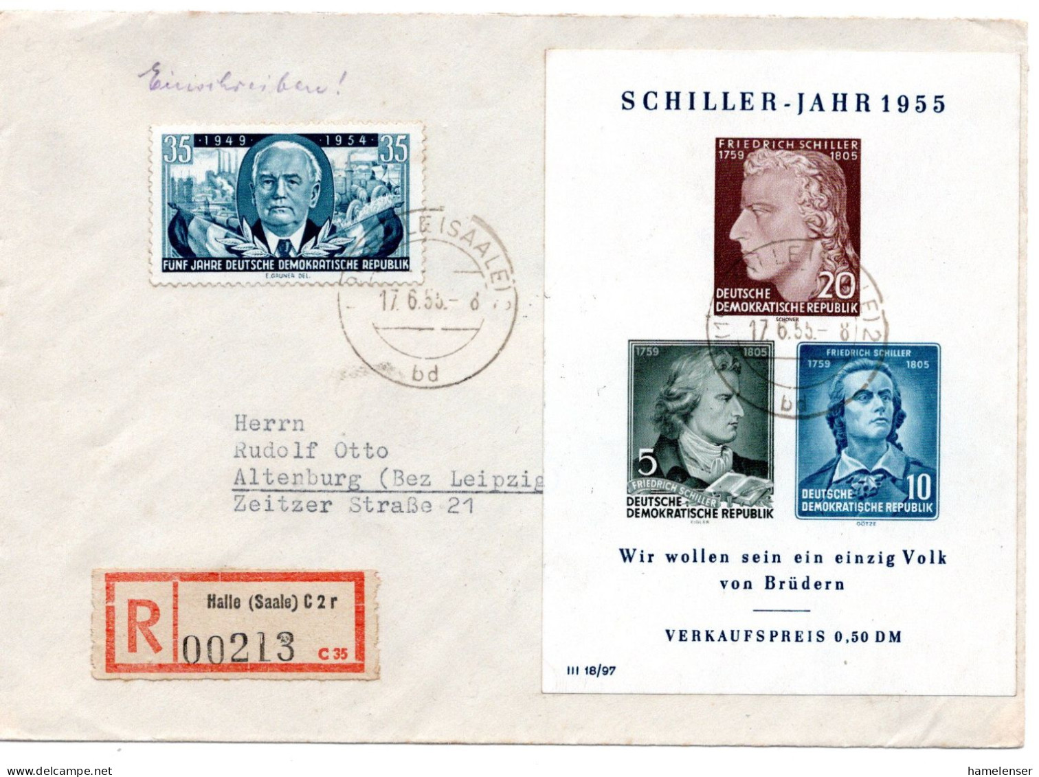 63198 - DDR - 1955 - Schiller-Block MiF A R-Bf HALLE -> ALTENBURG - Lettres & Documents