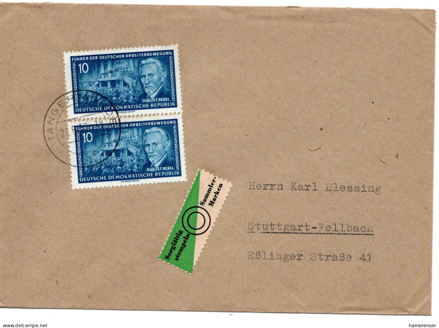 63199 - DDR - 1955 - 2@10Pfg Bebel A Bf TANGERMUENDE -> Westdeutschland - Storia Postale