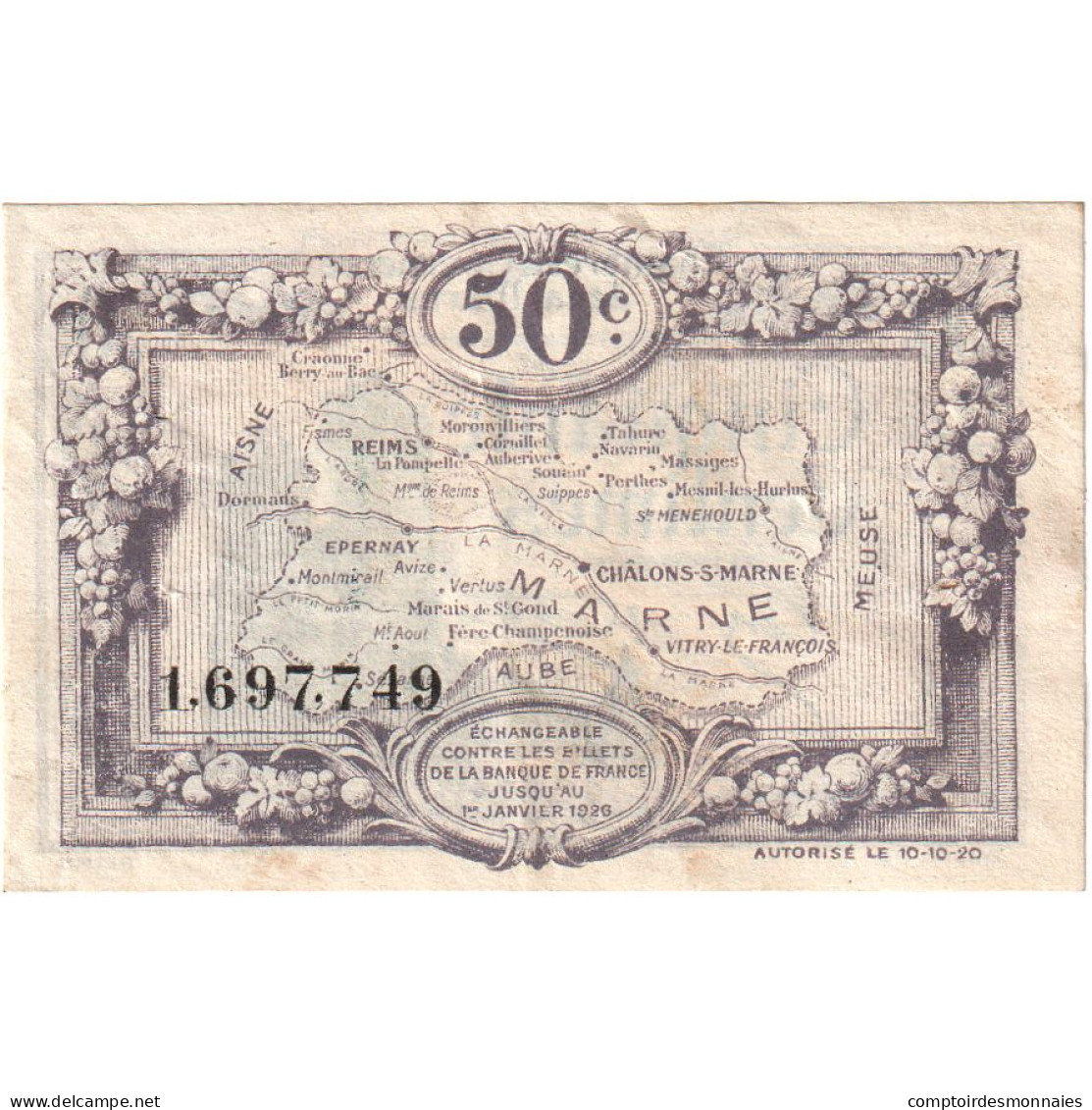 France, 50 Centimes, 1926-01-01, 1,697,749, Reims, TTB - Handelskammer
