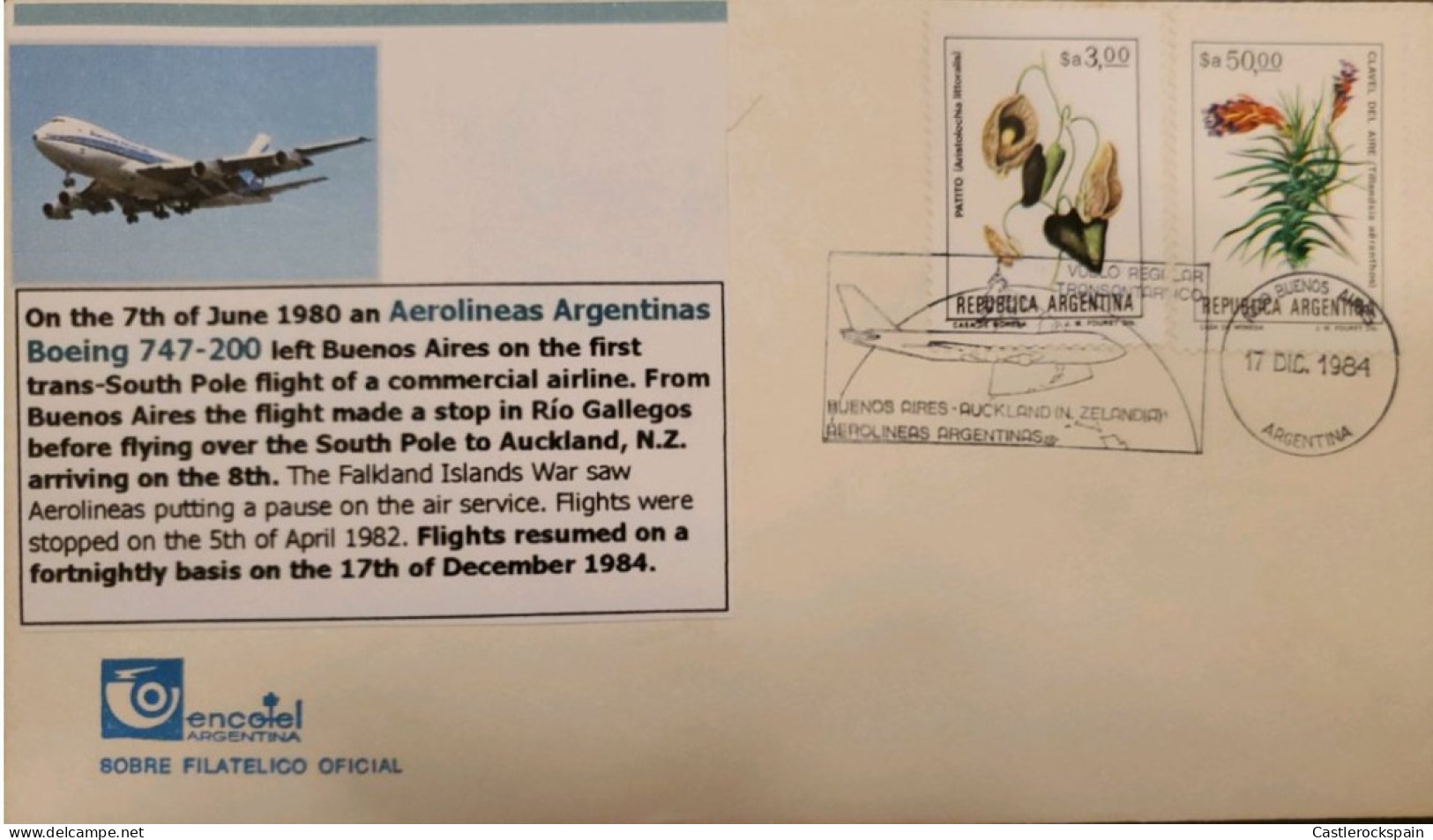 MI) 1984, ARGENTINA, BOEING AIRLINES, FROM BUENOS AIRES TO NEW ZEALAND, TRANSANTARCTIC REGULAR FLIGHT, FLOWER STAMPS, XF - Oblitérés