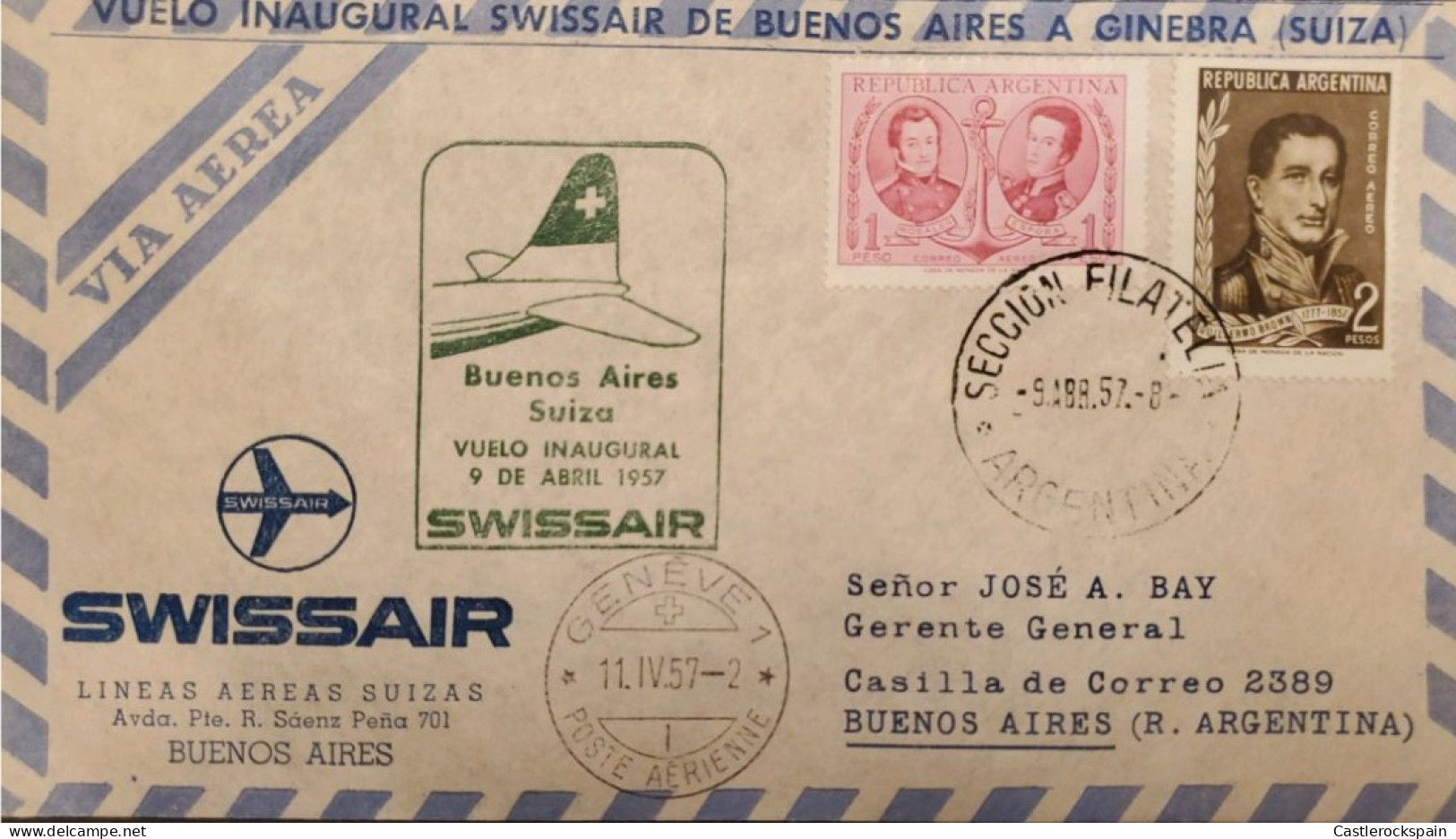 MI) 1957, ARGENTINA, INAUGURAL SWISSAIR FLIGHT FROM BUENOS AIRES TO GENEVA, ROSALES STAMPS - ESPORA AND GUILLERMO BROWN, - Usados