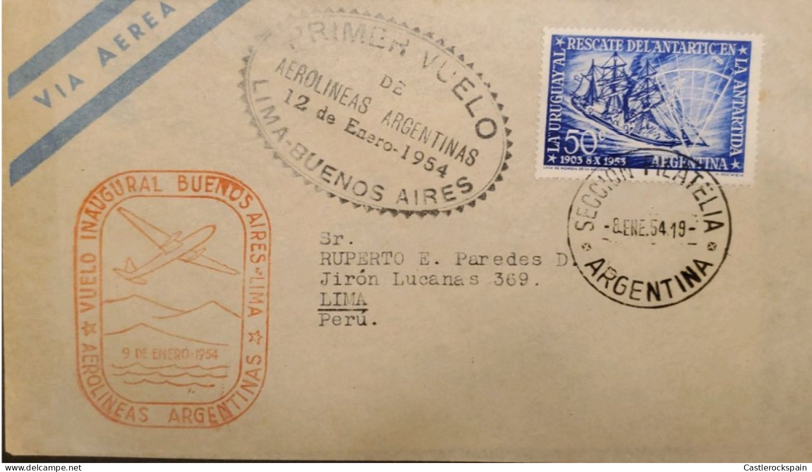 MI) 1954, ARGENTINA, INAUGURA FLIGHT, FROM BUENOS AIRES TO LIMA - PERU, RESCUE OF THE CORVETTE ATLANTIC BY THE GULETA UR - Used Stamps