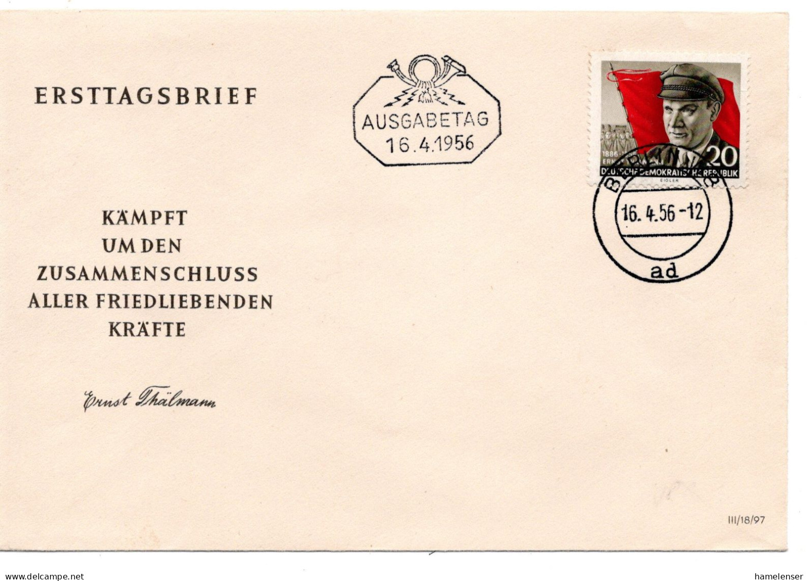 63207 - DDR - 1956 - 20Pfg Thaelmann EF A FDC BERLIN - Briefe U. Dokumente