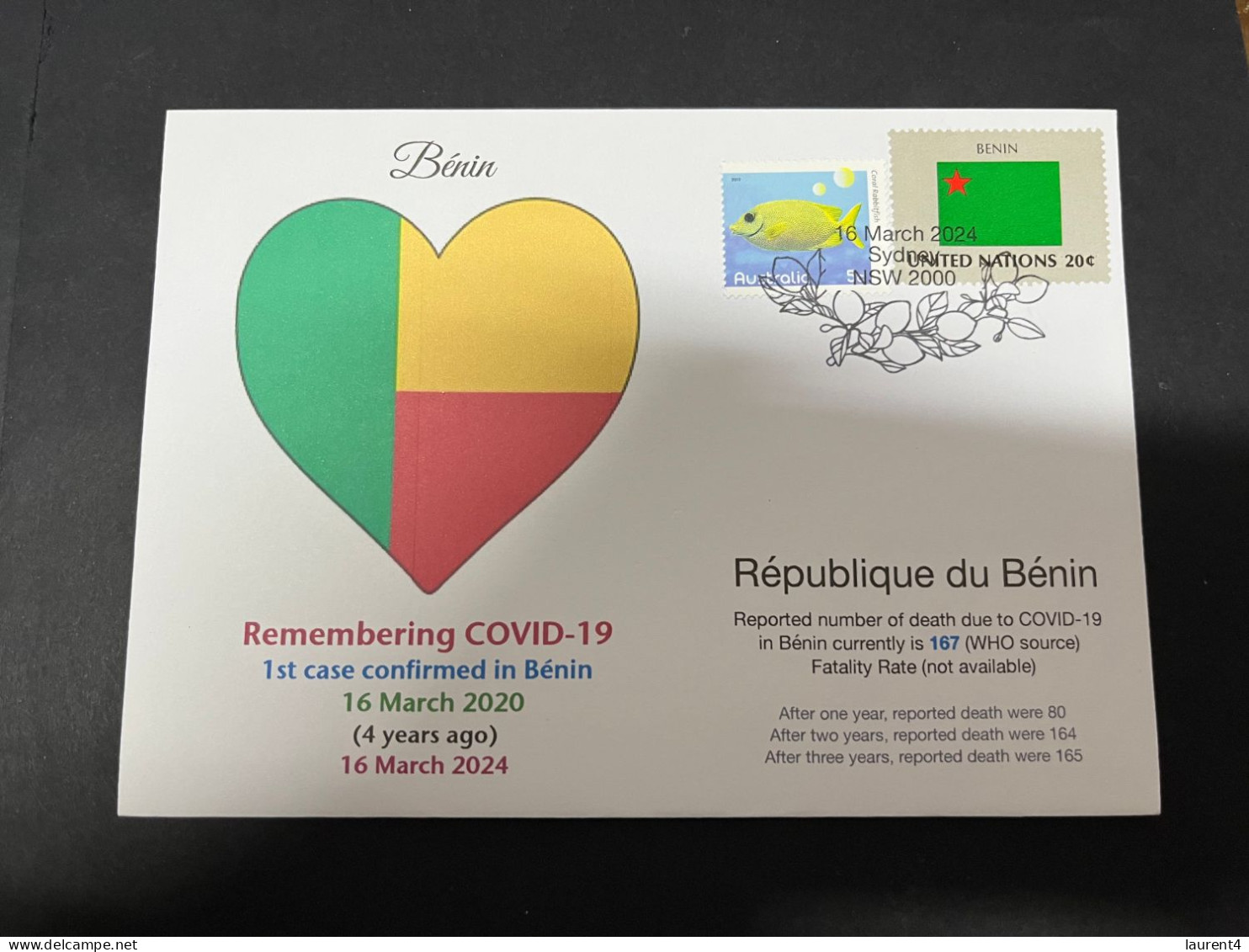 16-3-2024 (3 Y 12) COVID-19 4th Anniversary - Bénin - 16 March 2024 (with Bénin [previous] UN Flag Stamp) - Disease