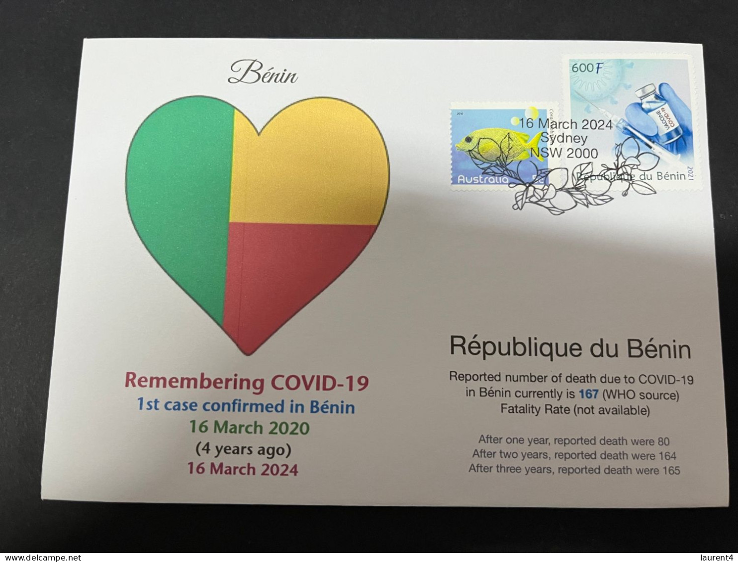 16-3-2024 (3 Y 12) COVID-19 4th Anniversary - Bénin - 16 March 2024 (with Bénin [previous] UN Flag Stamp) - Malattie