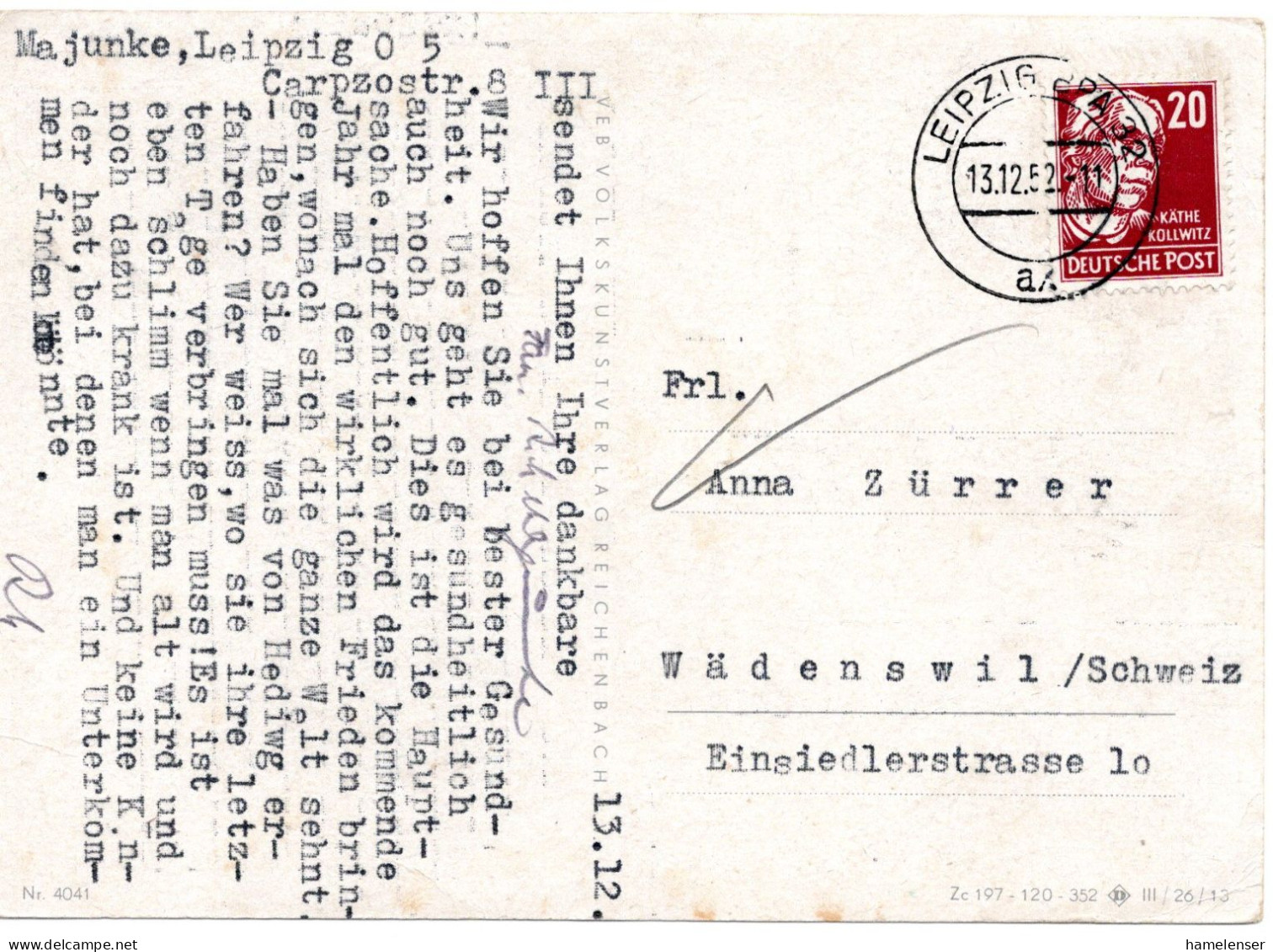 63213 - DDR - 1952 - 20Pfg Kollwitz EF A AnsKte LEIPZIG -> Schweiz - Covers & Documents
