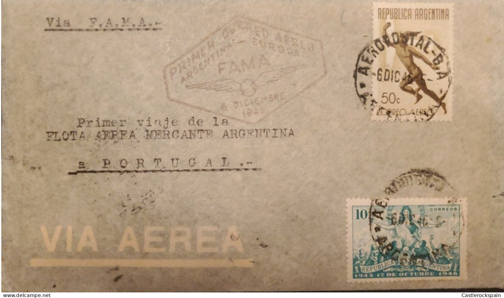 MI) 1946, ARGENTINA, VIA F.A.M.A, AEROPOSTAL, AIR MAIL, FROM BUENOS AIRES TO PORTUGAL, LIBERTY REVOLUTION SALUTING THE P - Used Stamps