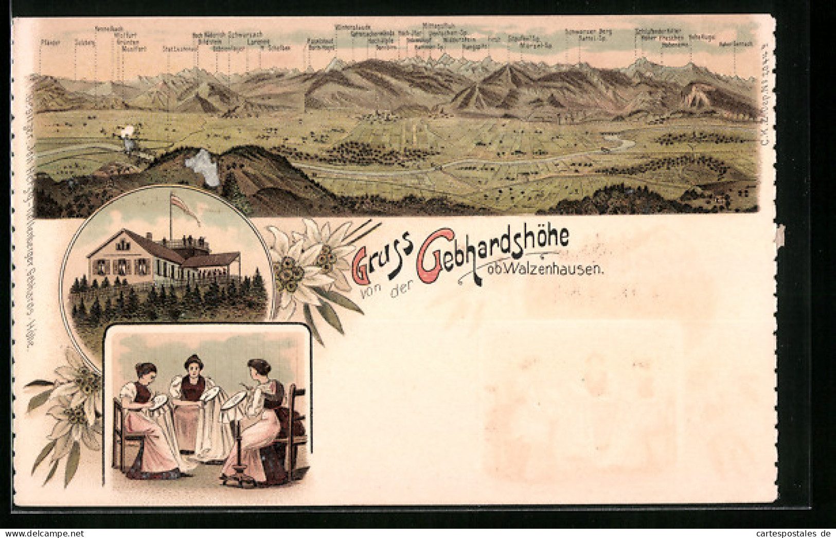 Lithographie Walzenhausen, Gasthaus Auf Der Gebhardshöhe, Alpen-Panorama  - Walzenhausen