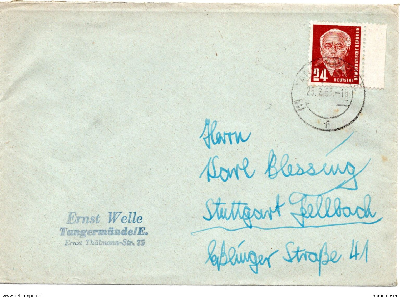 63215 - DDR - 1953 - 24Pfg Pieck EF A Bf TANGERMUENDE -> Westdeutschland - Covers & Documents