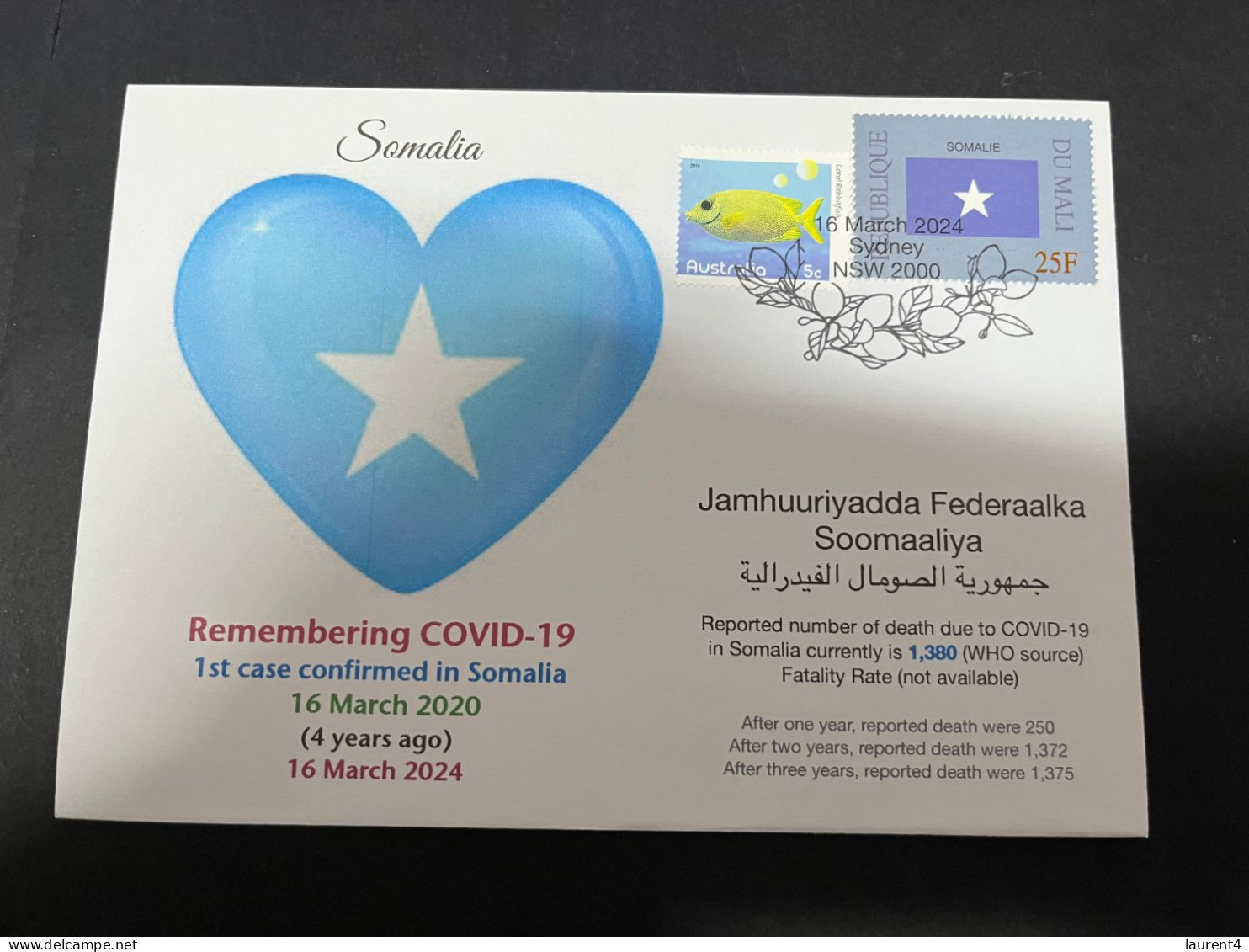 16-3-2024 (3 Y 12) COVID-19 4th Anniversary - Somalia - 16 March 2024 (with Somalia Mali Flag Stamp) - Malattie