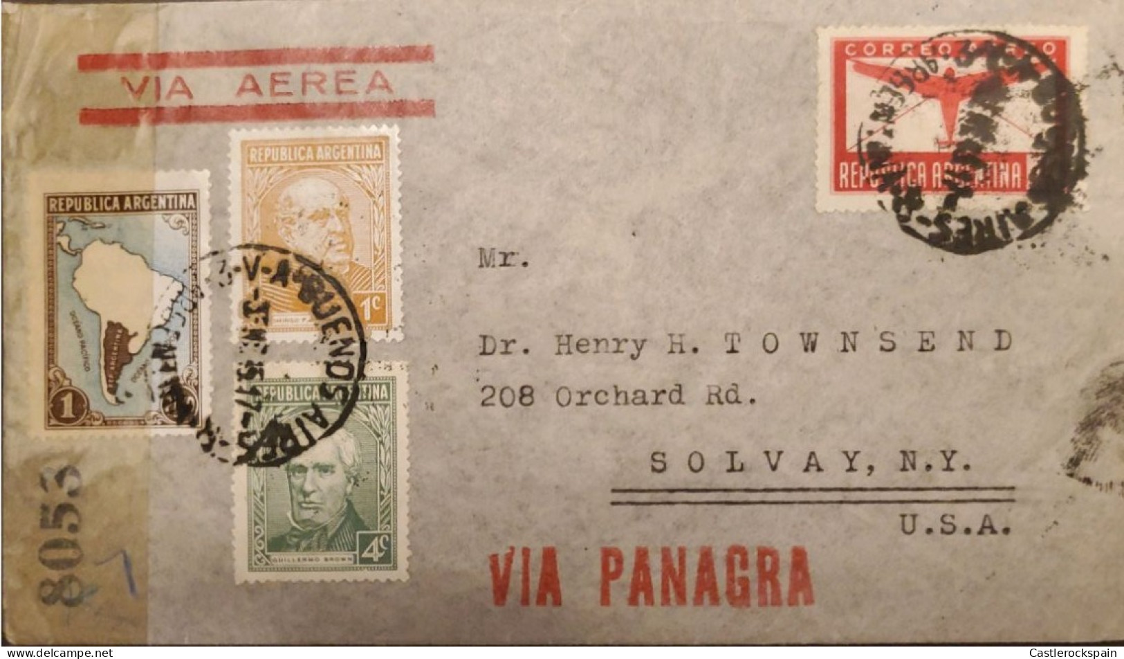 MI) 1945, ARGENTINA, VIA PANAGRA, FROM THE UNITED STATES TO NEW YORK - UNITED STATES, AIR MAIL, REGISTERED, MAP OF ARGEN - Oblitérés