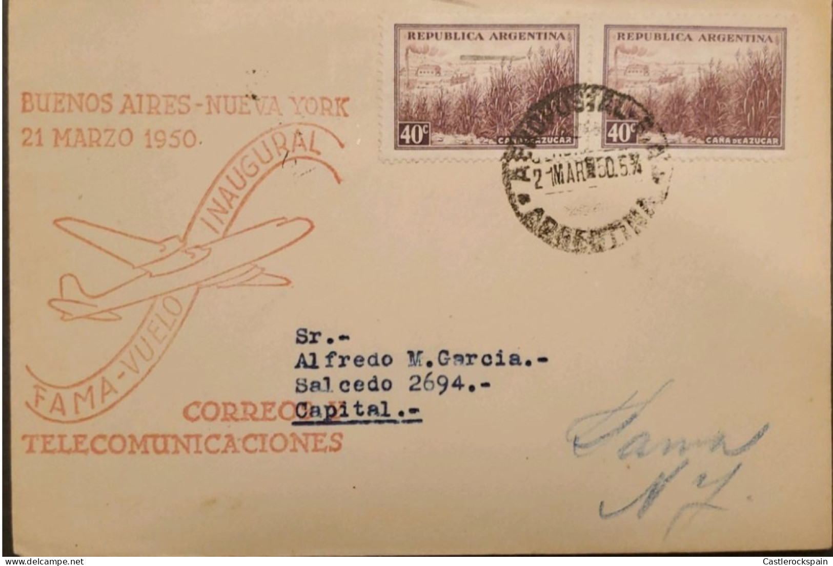 MI) 1950, ARGENTINA, FAME, INAUGURAL FLIGHT, FROM BUENOS AIRES TO NEW YORK, TELECOMMUNICATION MAIL, SUGAR CANE STAMPS, X - Oblitérés
