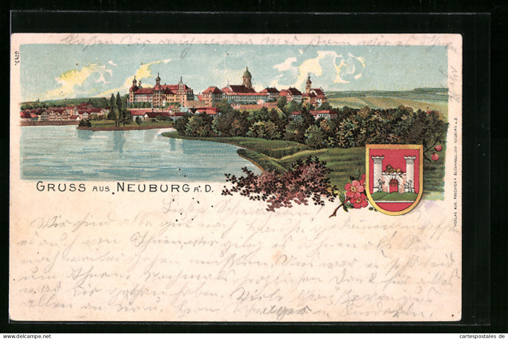 Lithographie Neuburg A. D., Gesamtansicht Mit Schloss Und Wappen  - Neuburg