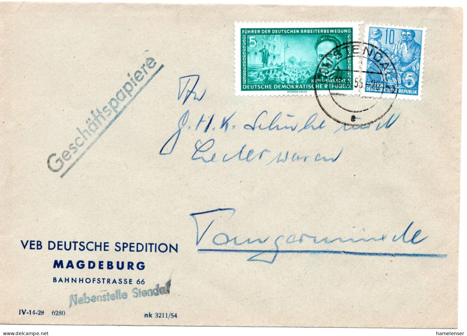 63222 - DDR - 1955 - 5Pfg Liebknecht MiF A GeschaeftspapiereBf STENDAL -> Tangermuende - Covers & Documents