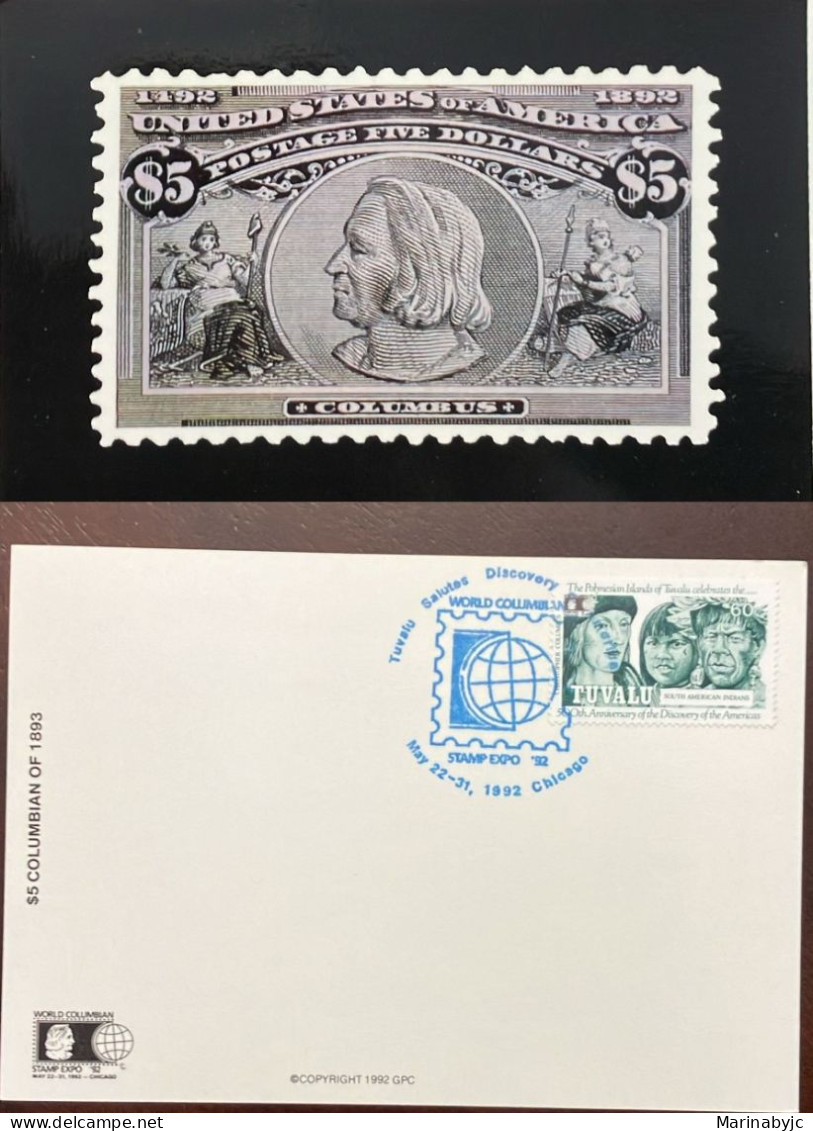 D)1992, TUVALÚ, CARD WITH STAMPS V CENTENARY OF THE DISCOVERY OF AMERICA, COLUMBUS AND SOUTH AMERICAN COUPLE, IV CENTENA - Tuvalu