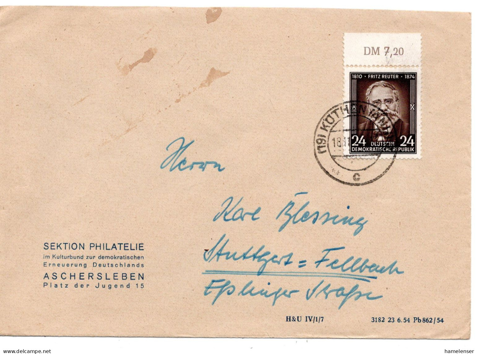 63226 - DDR - 1955 - 24Pfg Reuter EF A Bf KOETHEN -> Westdeutschland - Briefe U. Dokumente