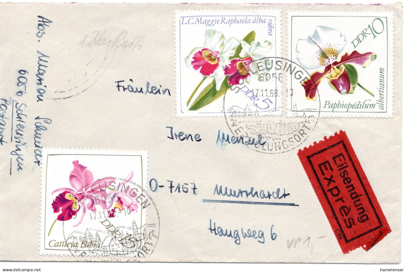 63232- DDR - 1968 - 2@20Pfg Orchideen A EilBf SCHLEUSINGEN -> STUTTGART (Westdeutschland) - Orchidées