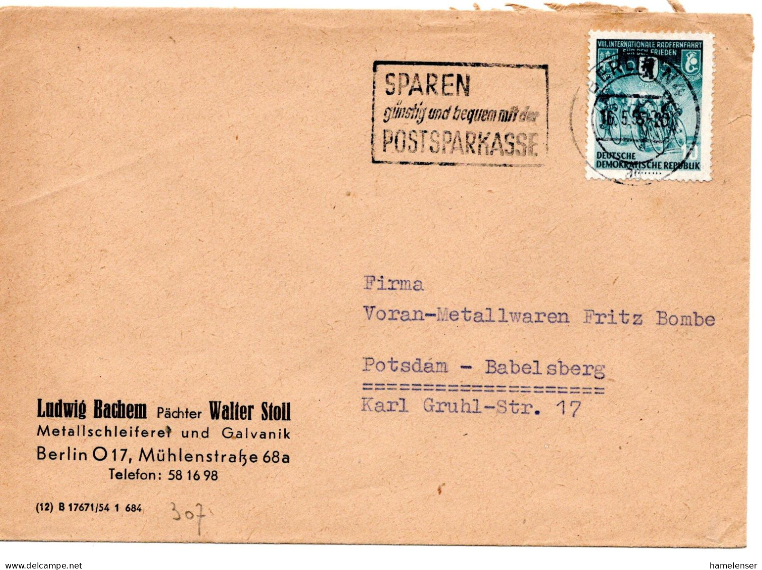 63240 - DDR - 1955 - 10Pfg Radfernfahrt EF A Bf BERLIN - SPAREN ... -> Potsdam - Cycling