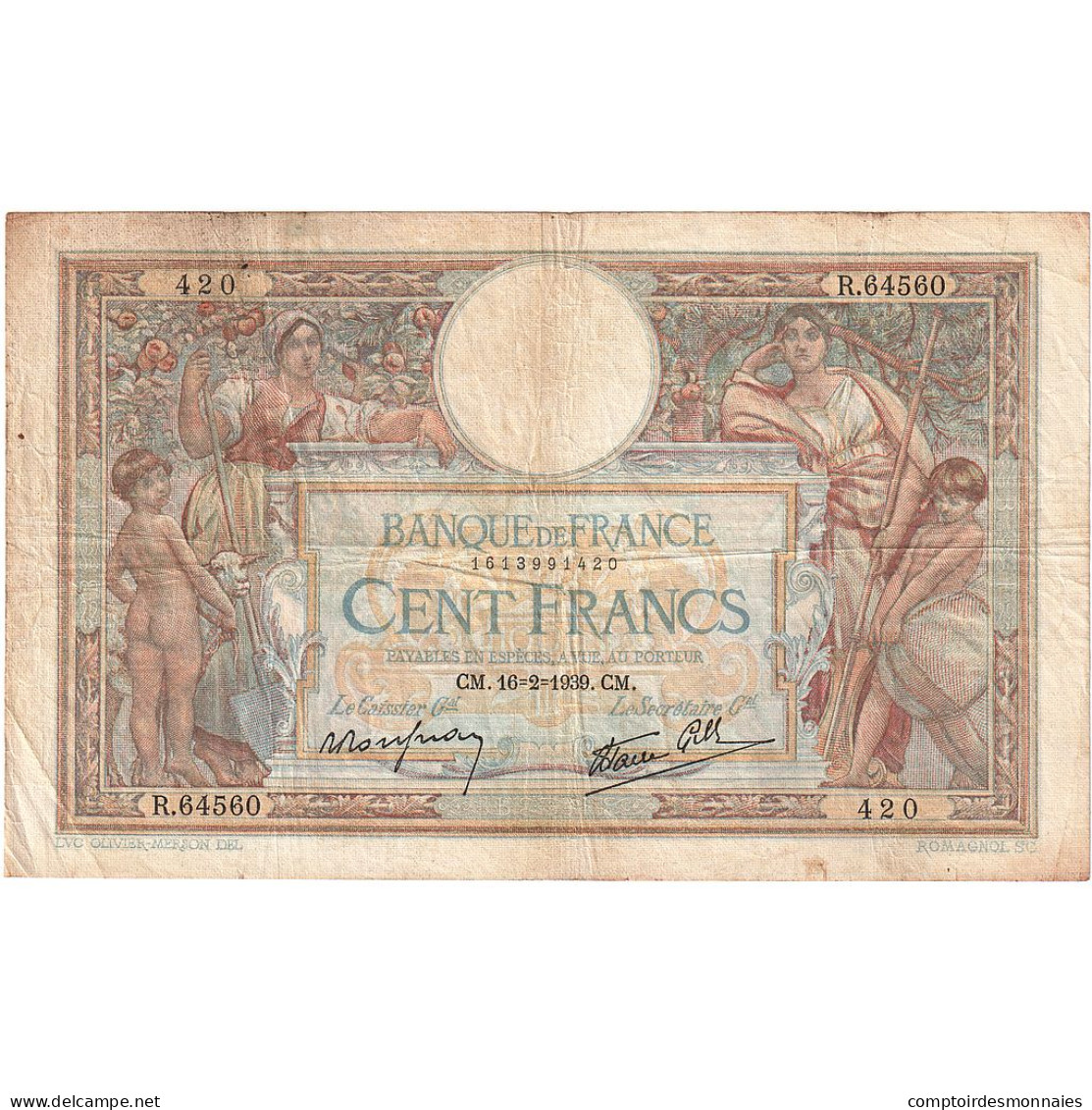 France, 100 Francs, Luc Olivier Merson, 1939, R.64560, TTB, Fayette:25.43 - 100 F 1908-1939 ''Luc Olivier Merson''