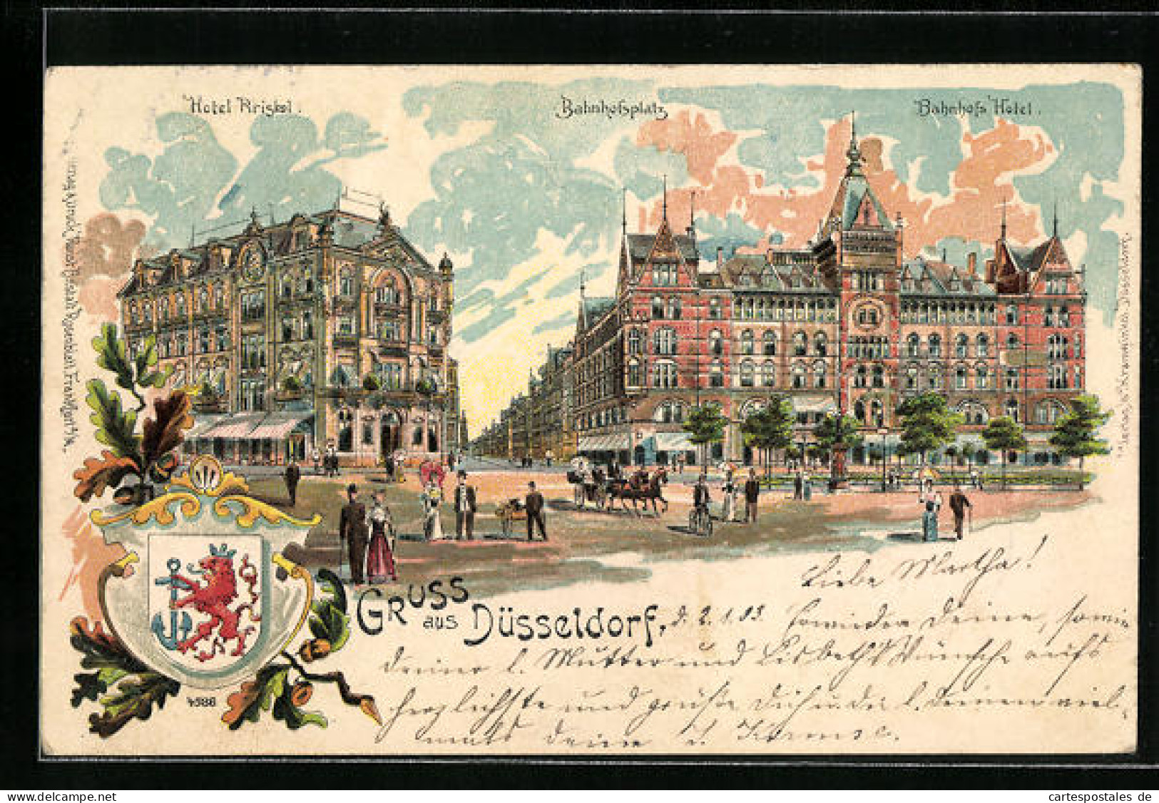Lithographie Düsseldorf, Bahnhof-Hotel V. Werner & Schmidt, Bahnhofsplatz, Pferdekutsche, Radfahrer, Wappen  - Werne