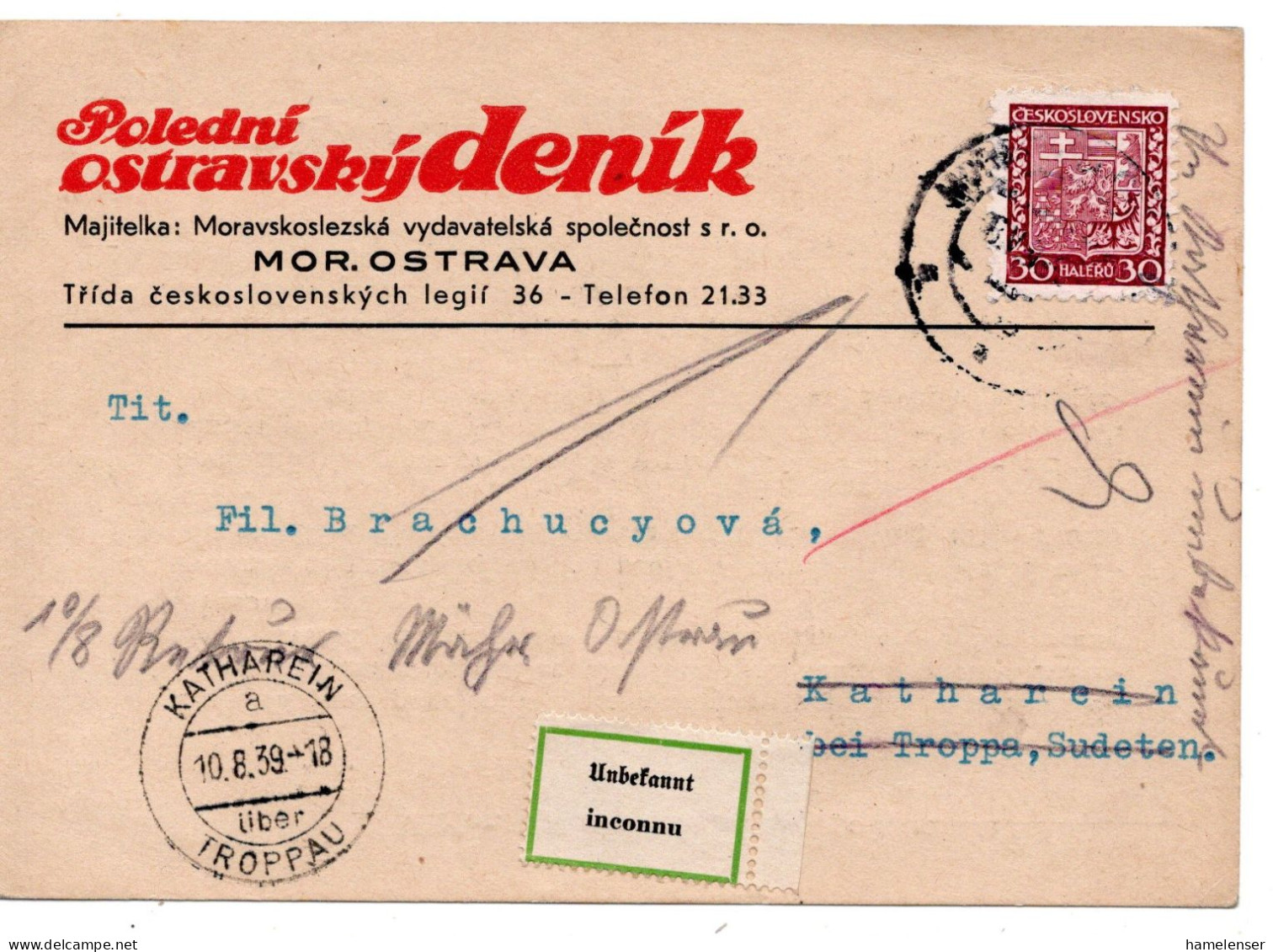 63248 - Deutsches Reich / Böhmen Und Mähren - 1939 - CSR 30h Wappen EF A Kte MOR OSTRAVA -> KATHAREIN, Zurueck - Briefe U. Dokumente