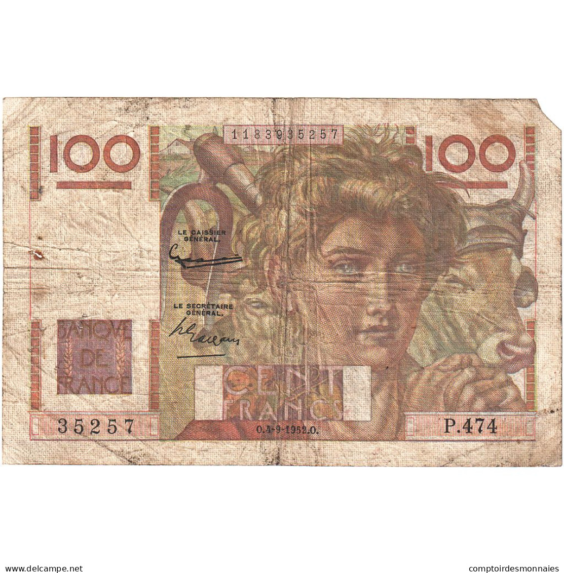 France, 100 Francs, Jeune Paysan, 1952, P.474, B+, Fayette:28.33, KM:128d - 100 F 1945-1954 ''Jeune Paysan''