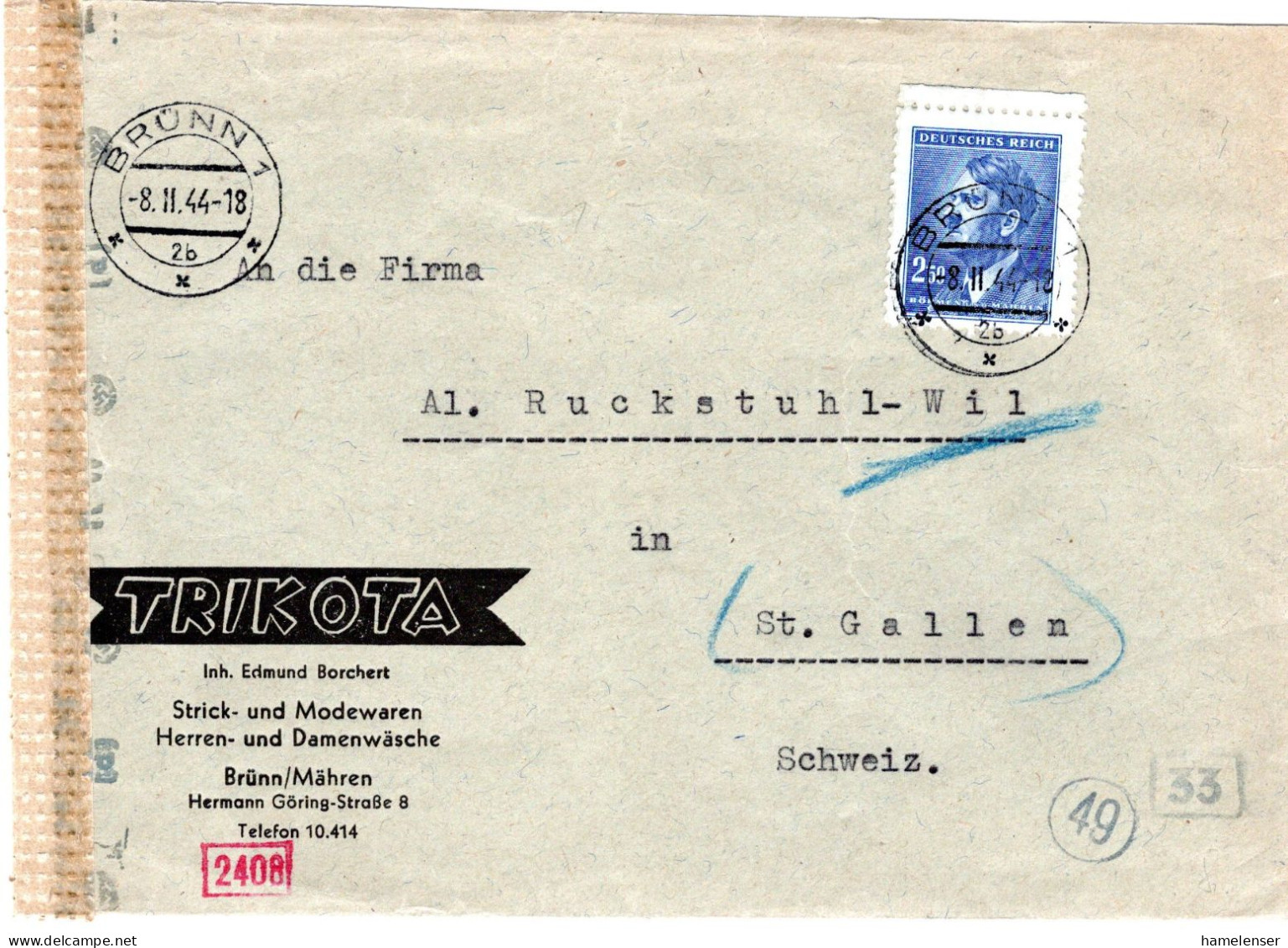 63255 - Deutsches Reich / Böhmen Und Mähren - 1944 - 2,50K Hitler EF A Bf M Dt Zensur BRUENN -> Schweiz - Briefe U. Dokumente