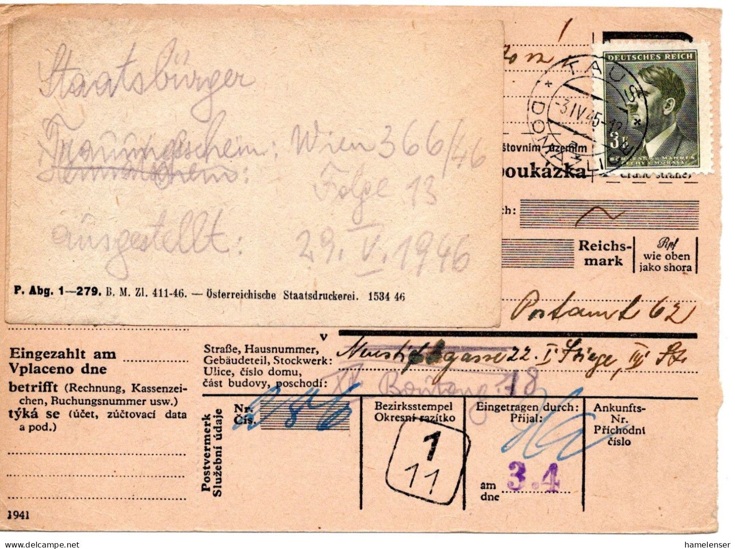 63258 - Deutsches Reich / Böhmen Und Mähren - 1945 - 3K Hitler EF A Ueberroller-PostAnw TAUS -> WIEN, M Aufkleber - Briefe U. Dokumente